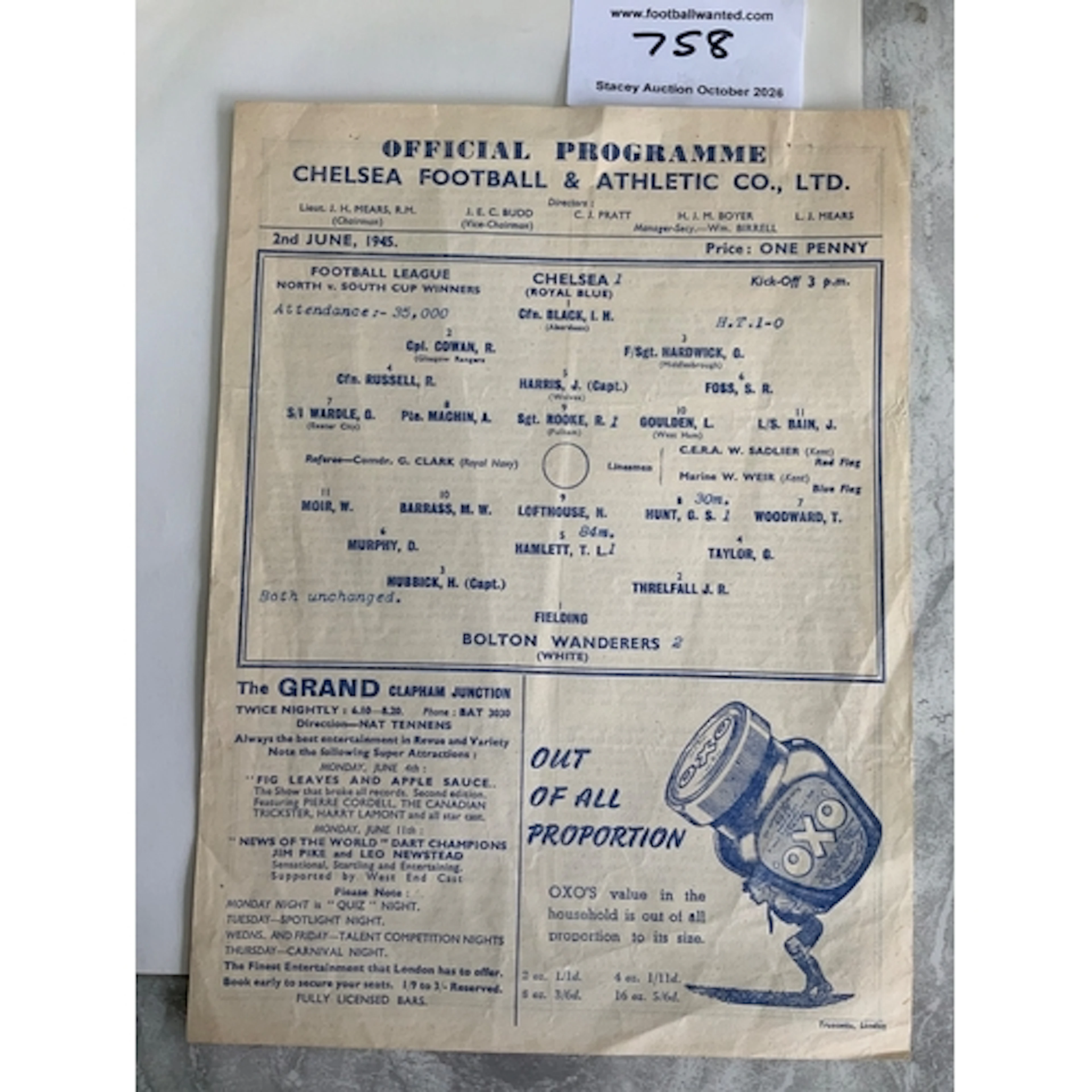1945 North v South Cup Final Football Programme: Chelsea v B...