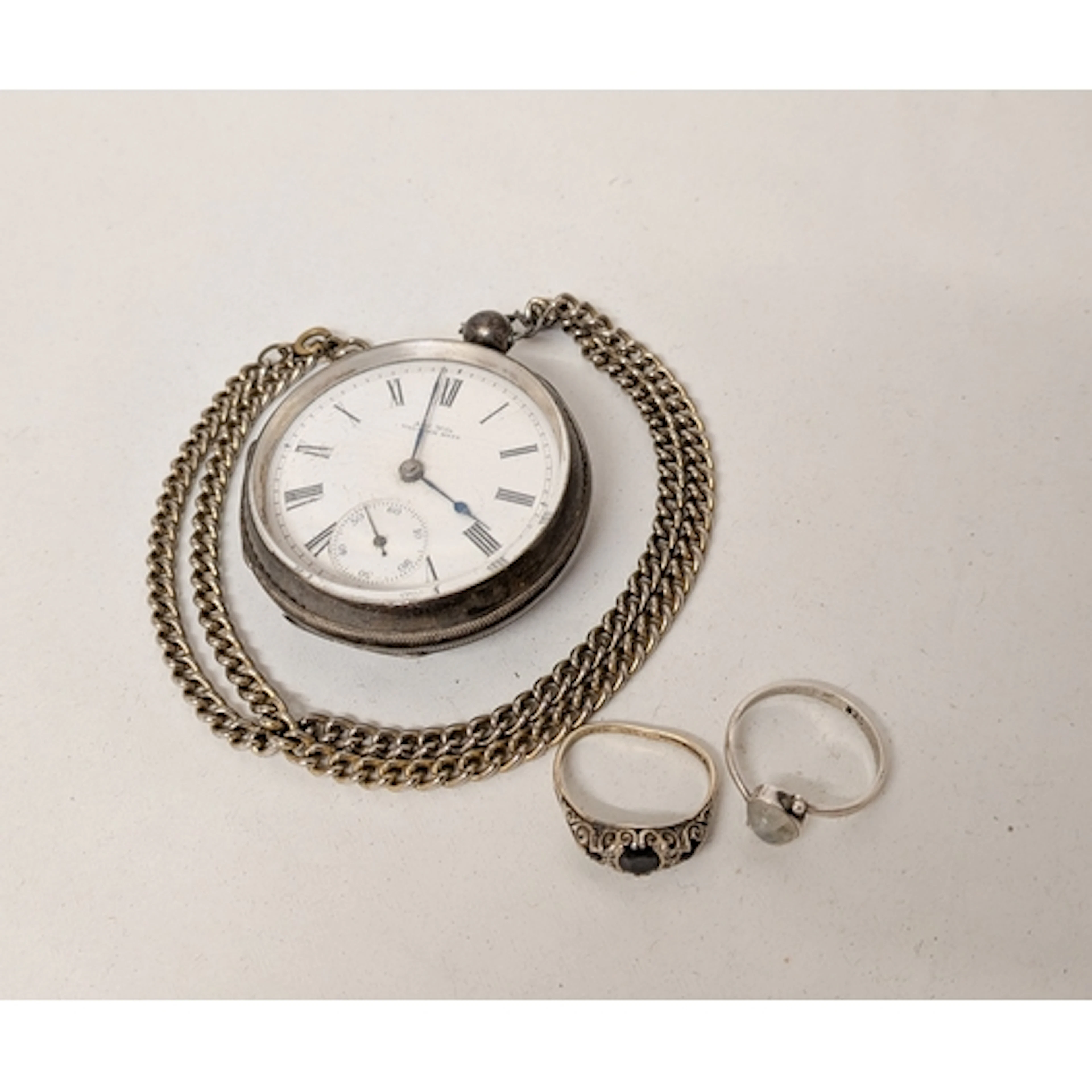 Antique silver cased Waltham pocket watch and two silver rin...