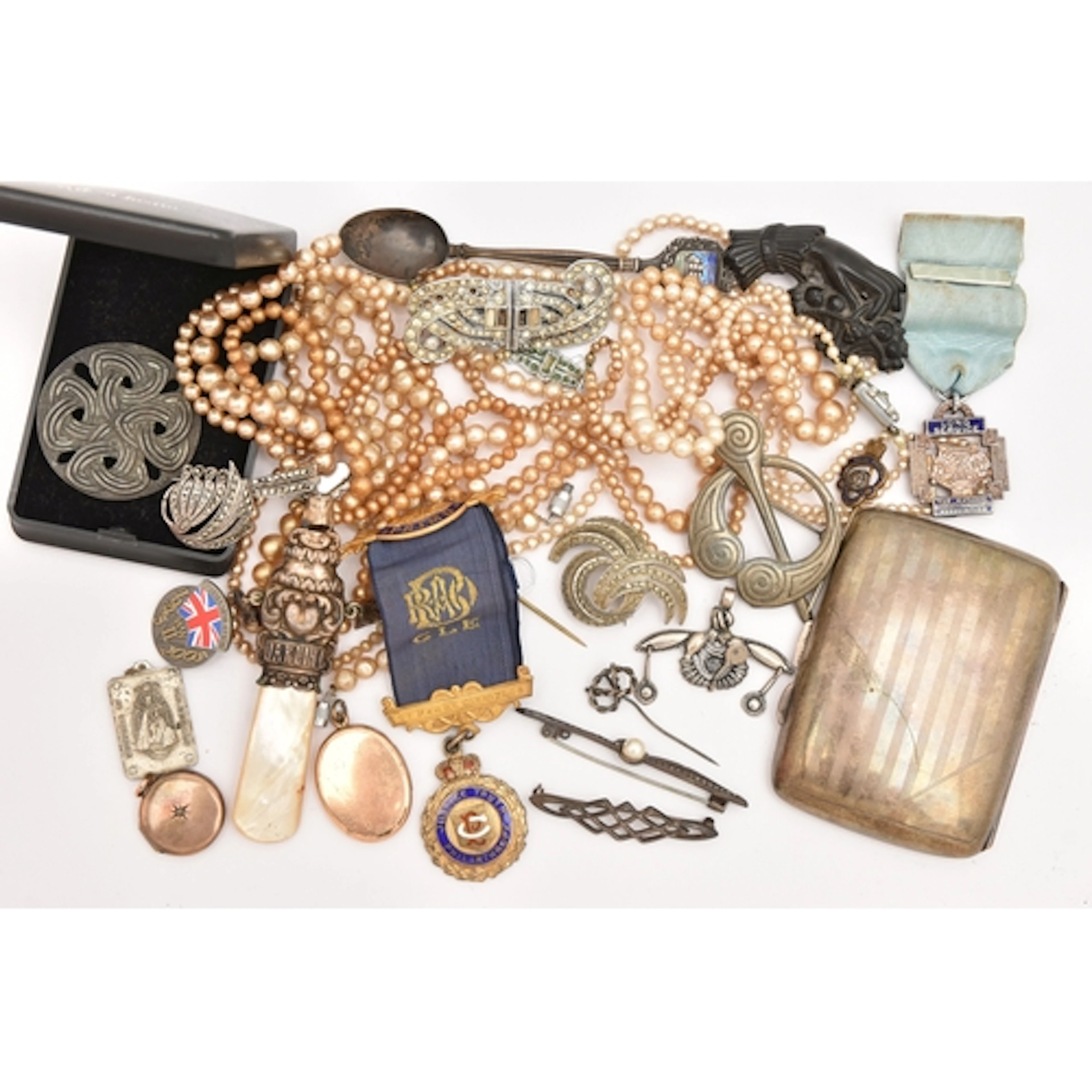 A SMALL BOX OF ASSORTED ITEMS, to include a silver cigarette...