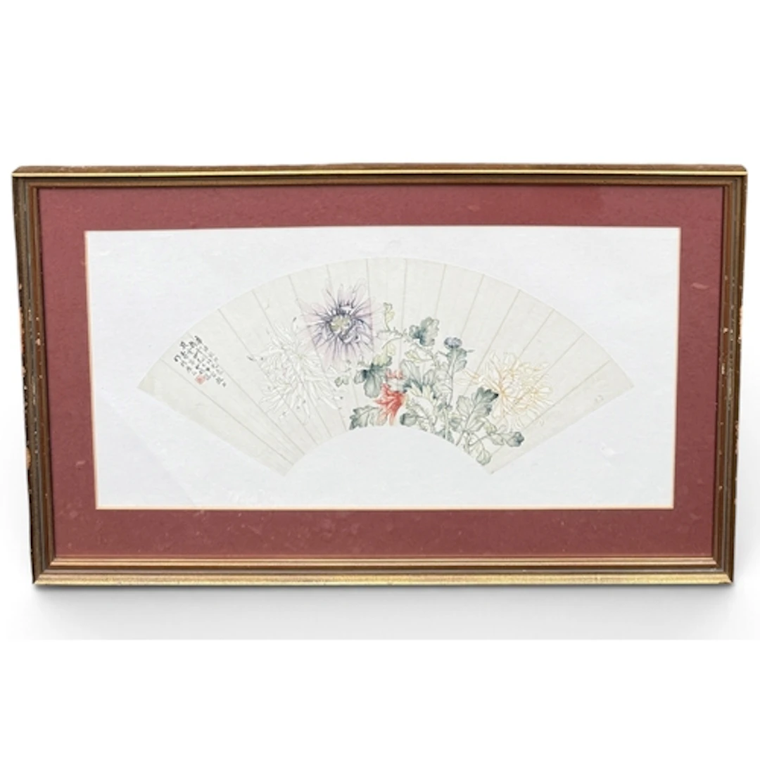 A 20TH CENTURY CHINESE FAN PAINTING Decorated with a floral ...