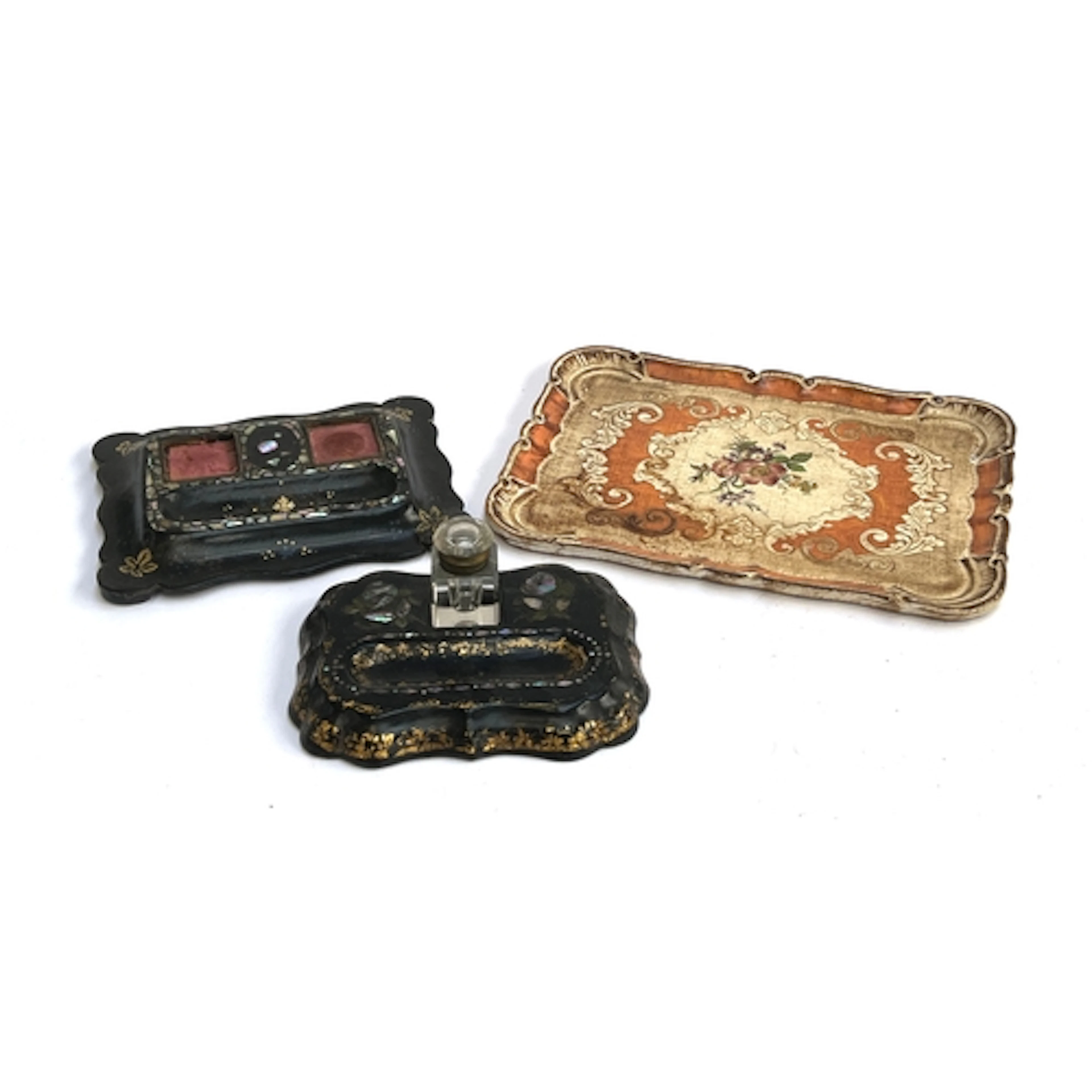 A Victorian ebonised papier-mache and inlaid mother of pearl...
