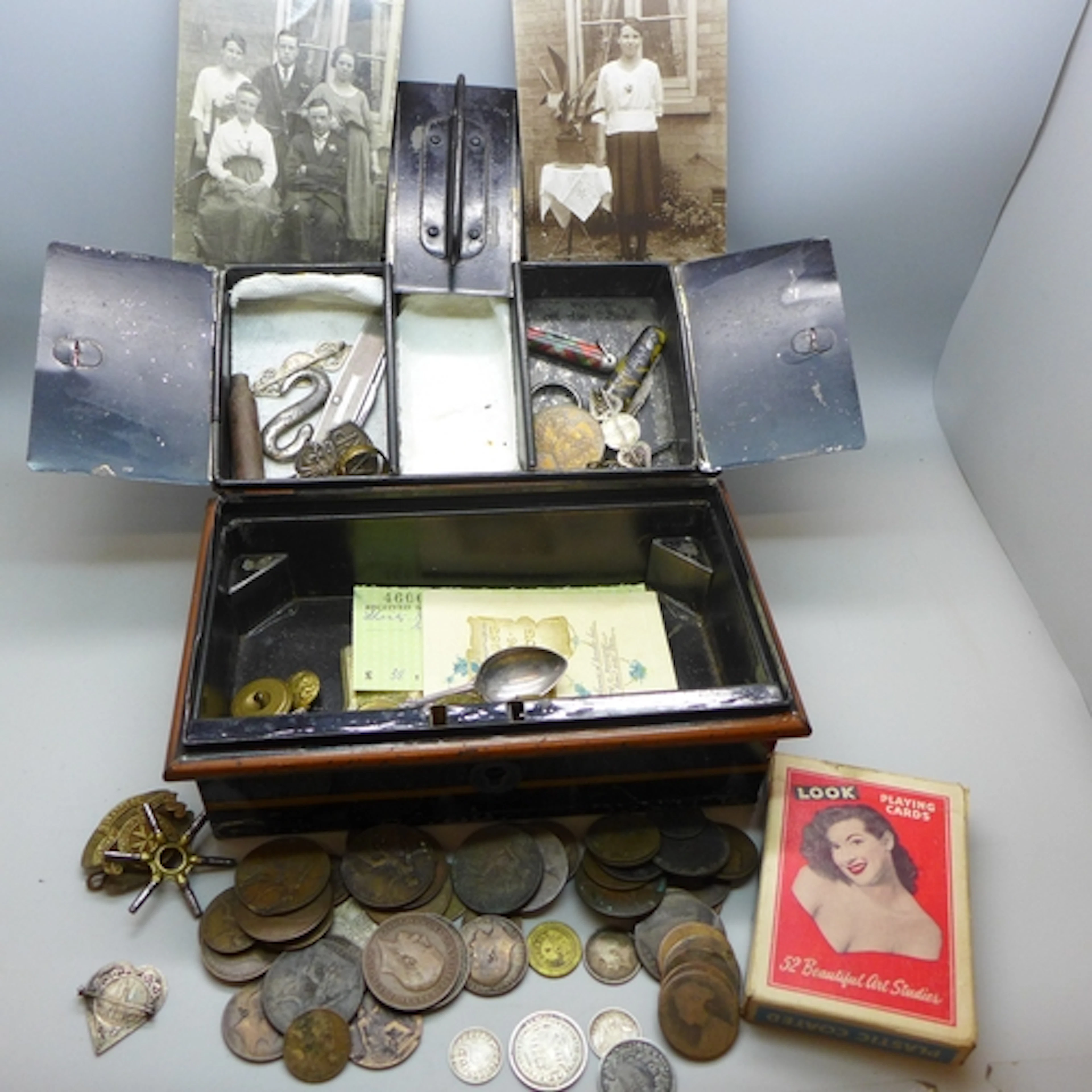 Assorted items to include military buttons, military medals/...
