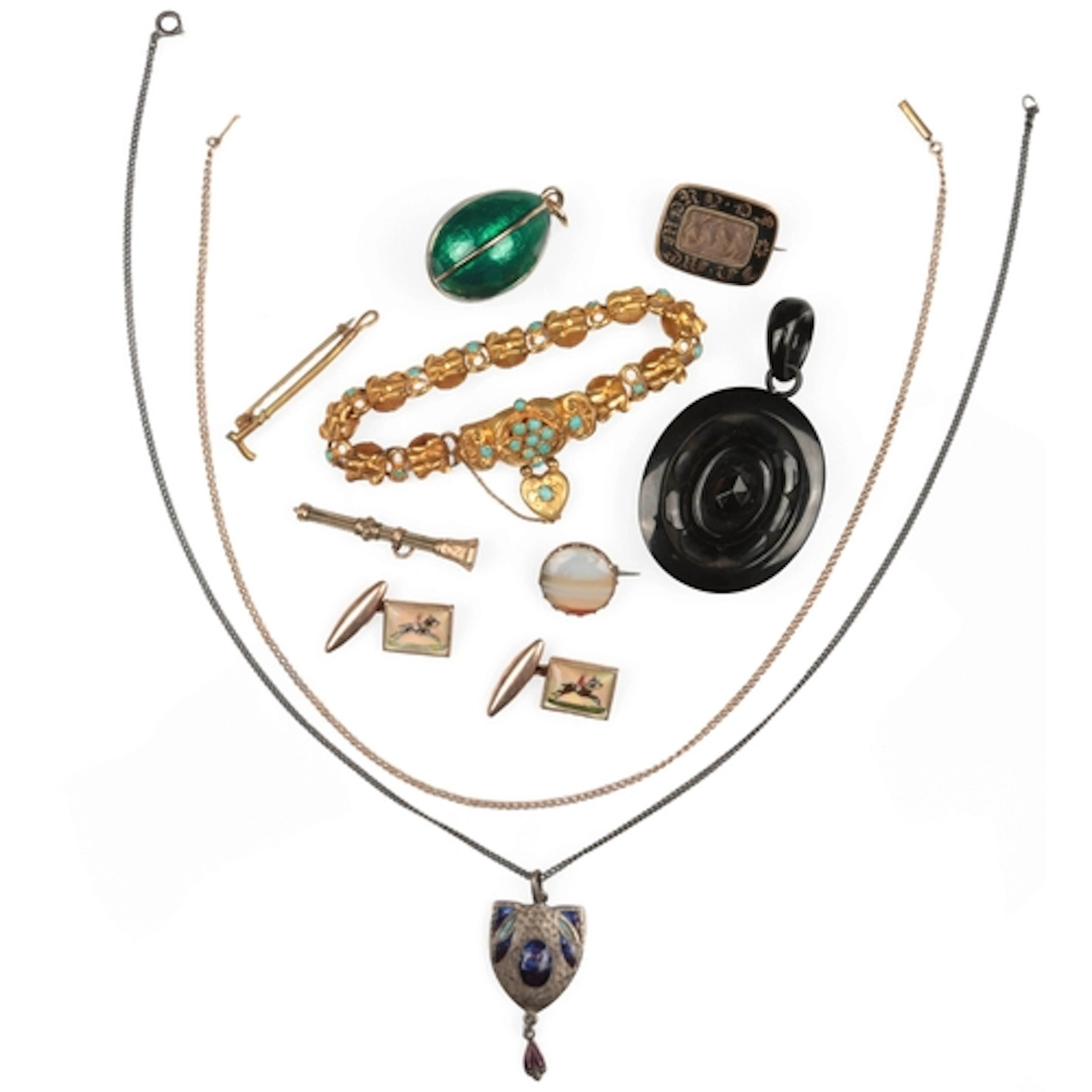 A collection of jewels including a jet pendant, 19th and 20t...