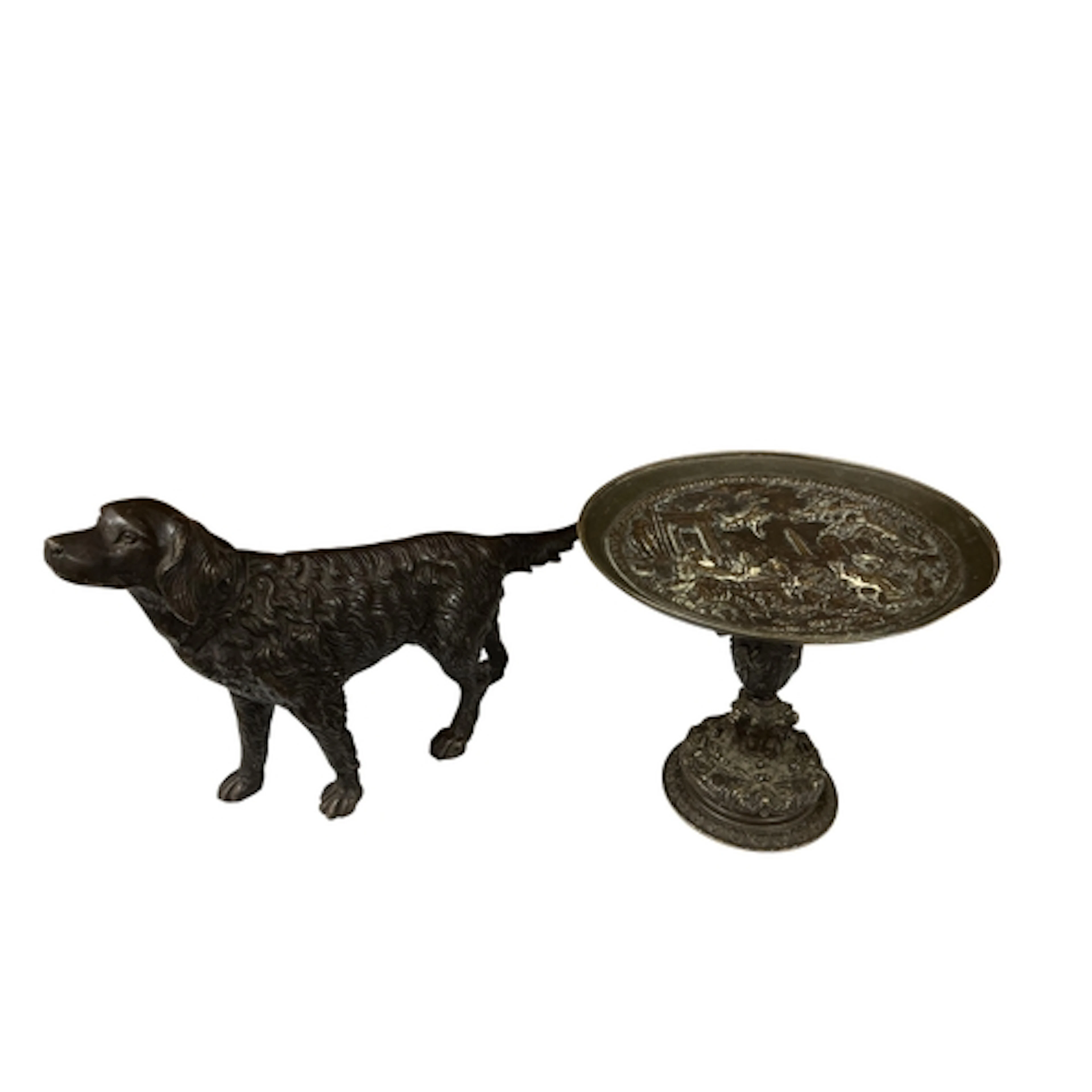 A modern bronze study of a gun dog and Celini-style embossed...