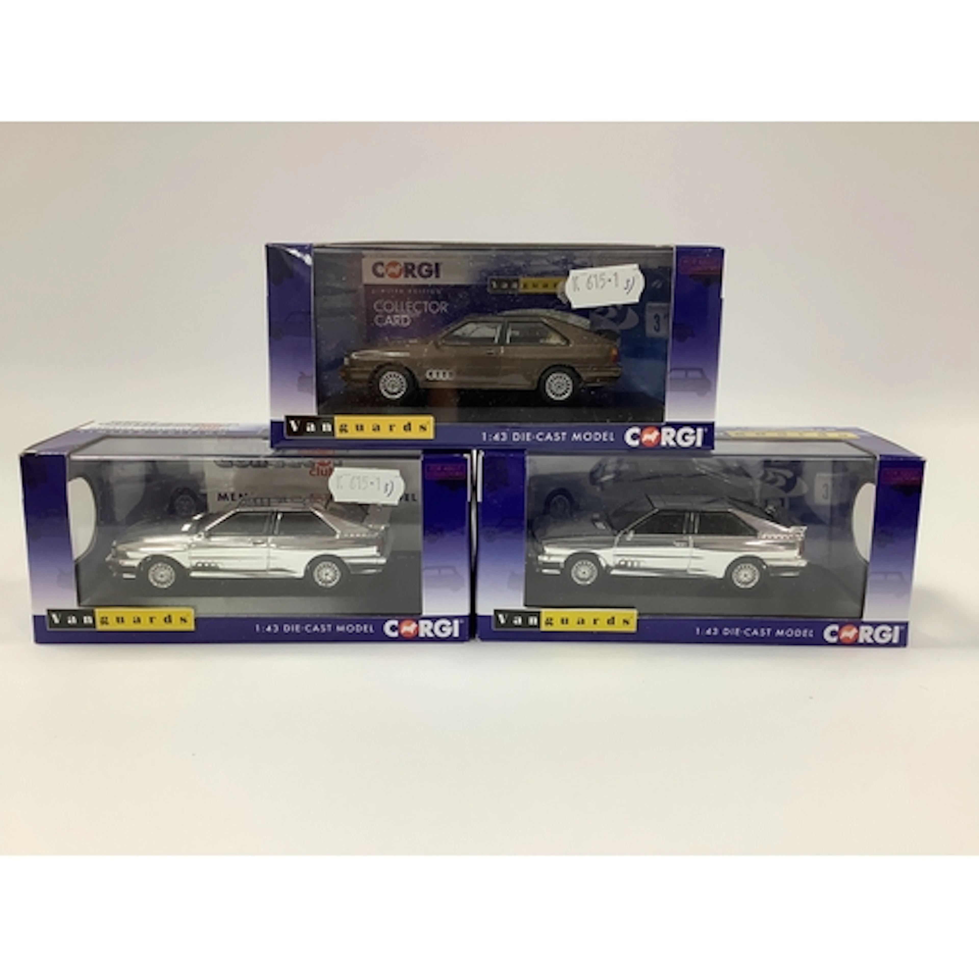 Three Corgi Vanguards 1:43rd scale diecast model Audi quattr...
