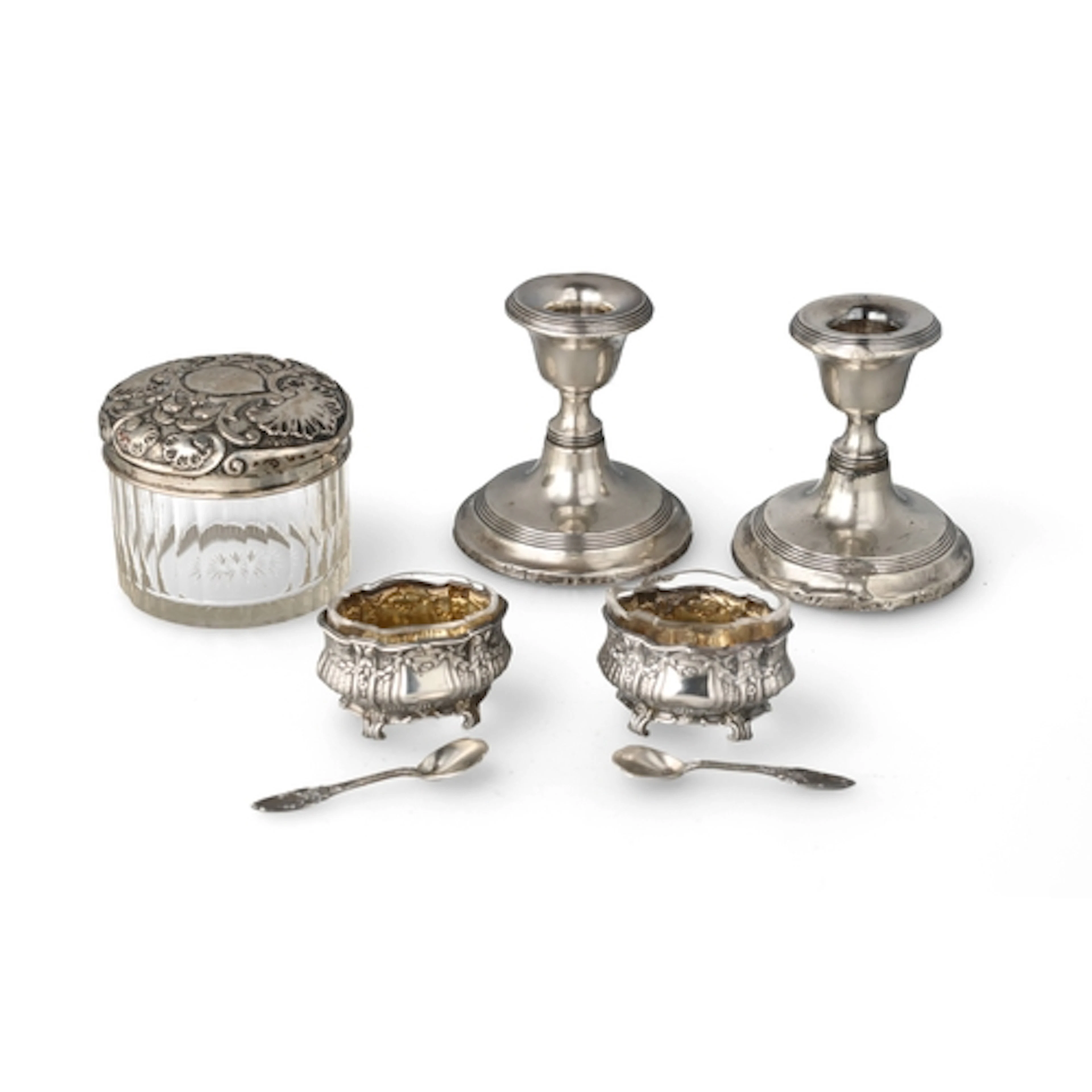 A PAIR OF FRENCH SILVER SALT CELLARS IN THE FORM OF MINIATUR...
