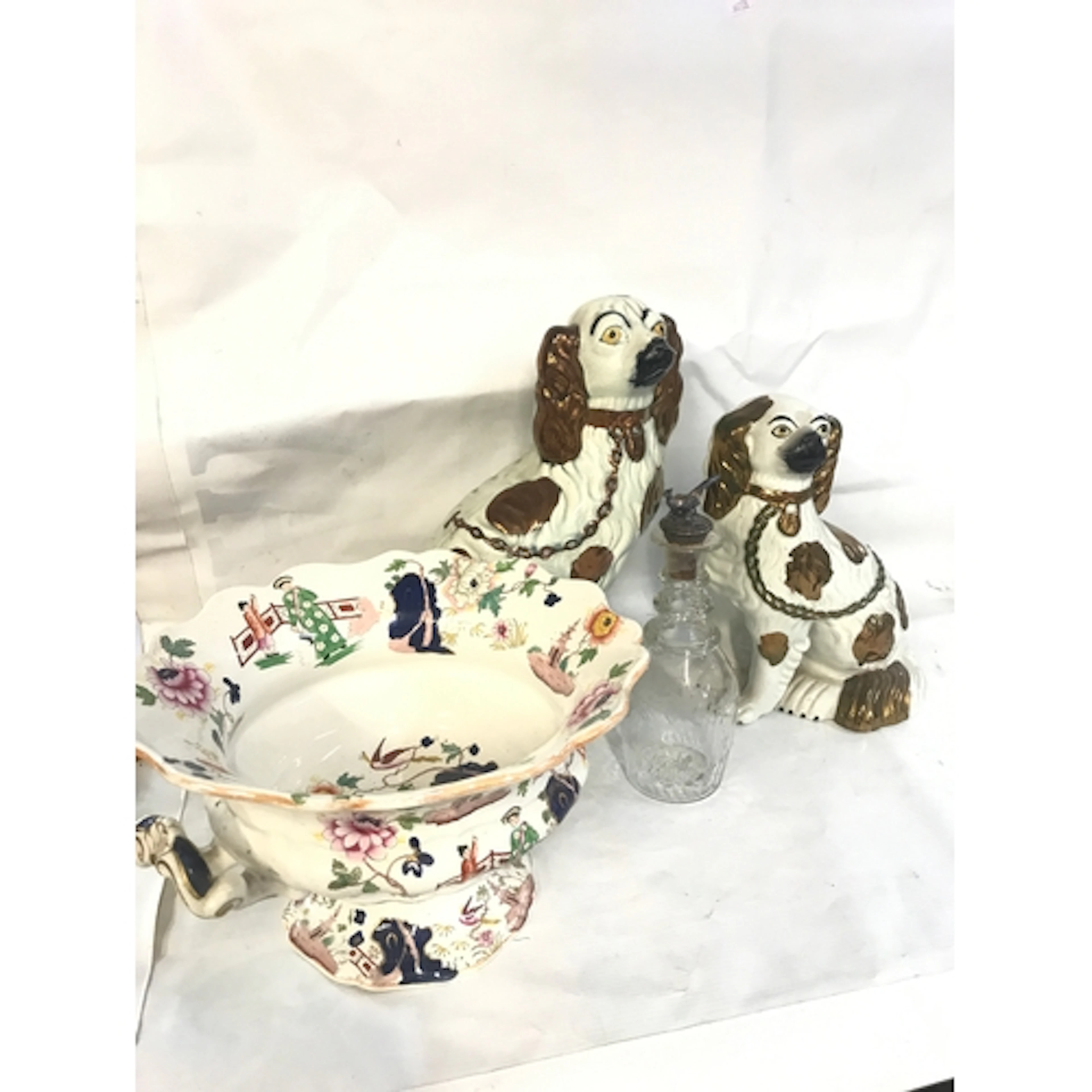 Two Staffordshire dog figures, 19th century ceramic bowl and...