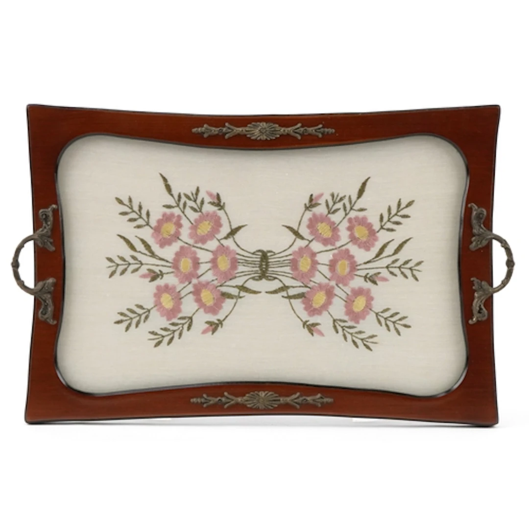 Mahogany and tapestry silk tray with brass handles, 45cm in ...