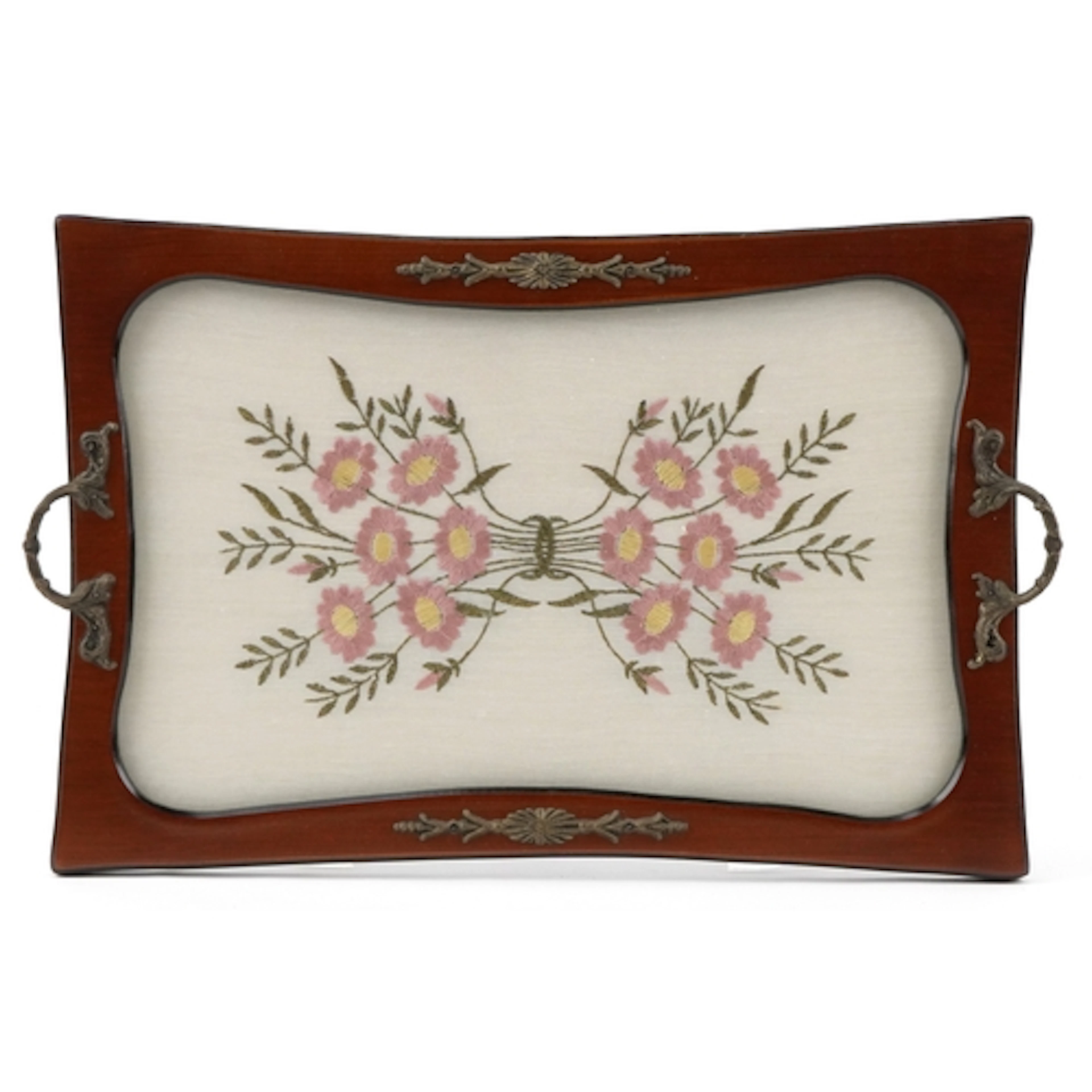 Mahogany and tapestry silk tray with brass handles, 45cm in ...