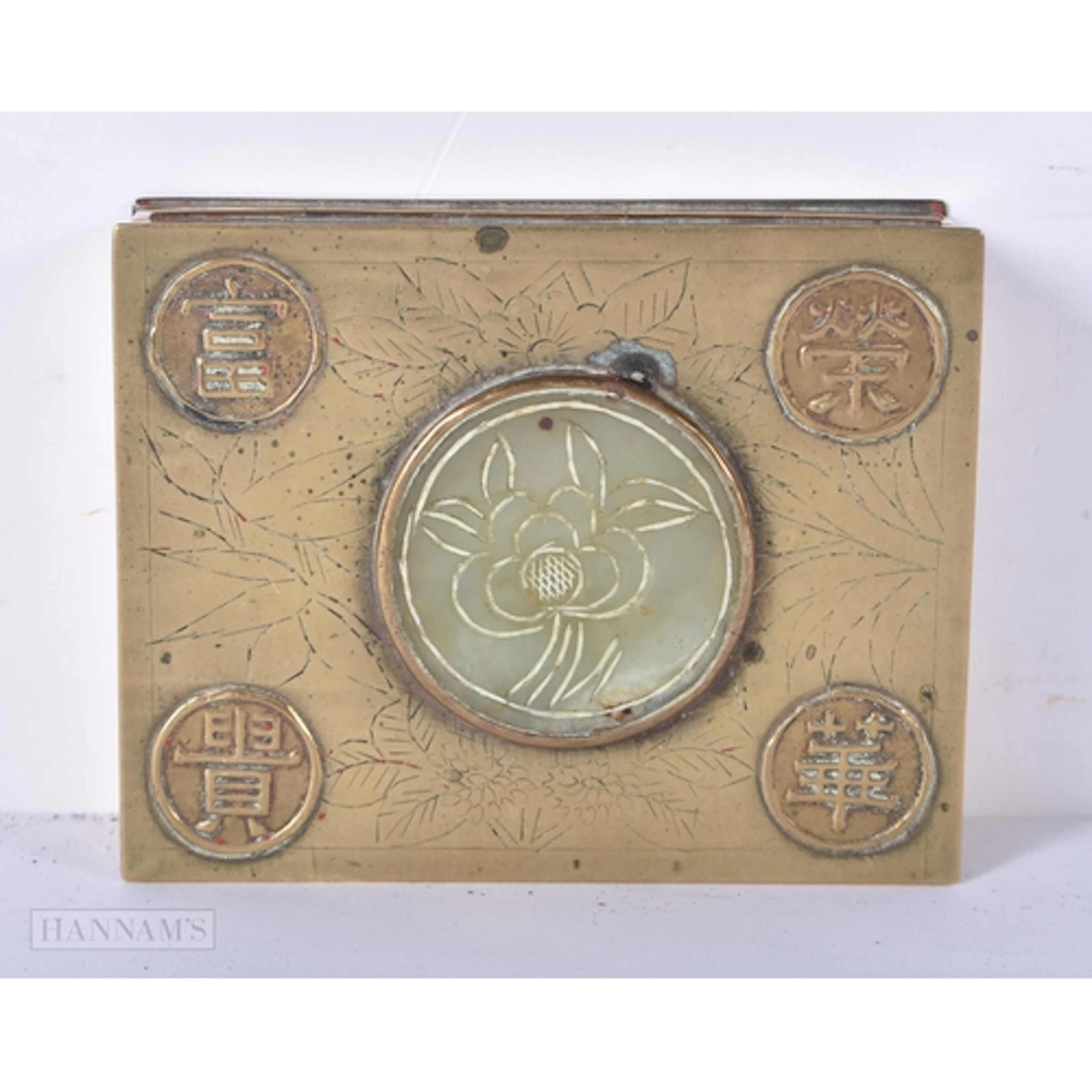 A small Chinese brass box with a central carved Jade insert ...