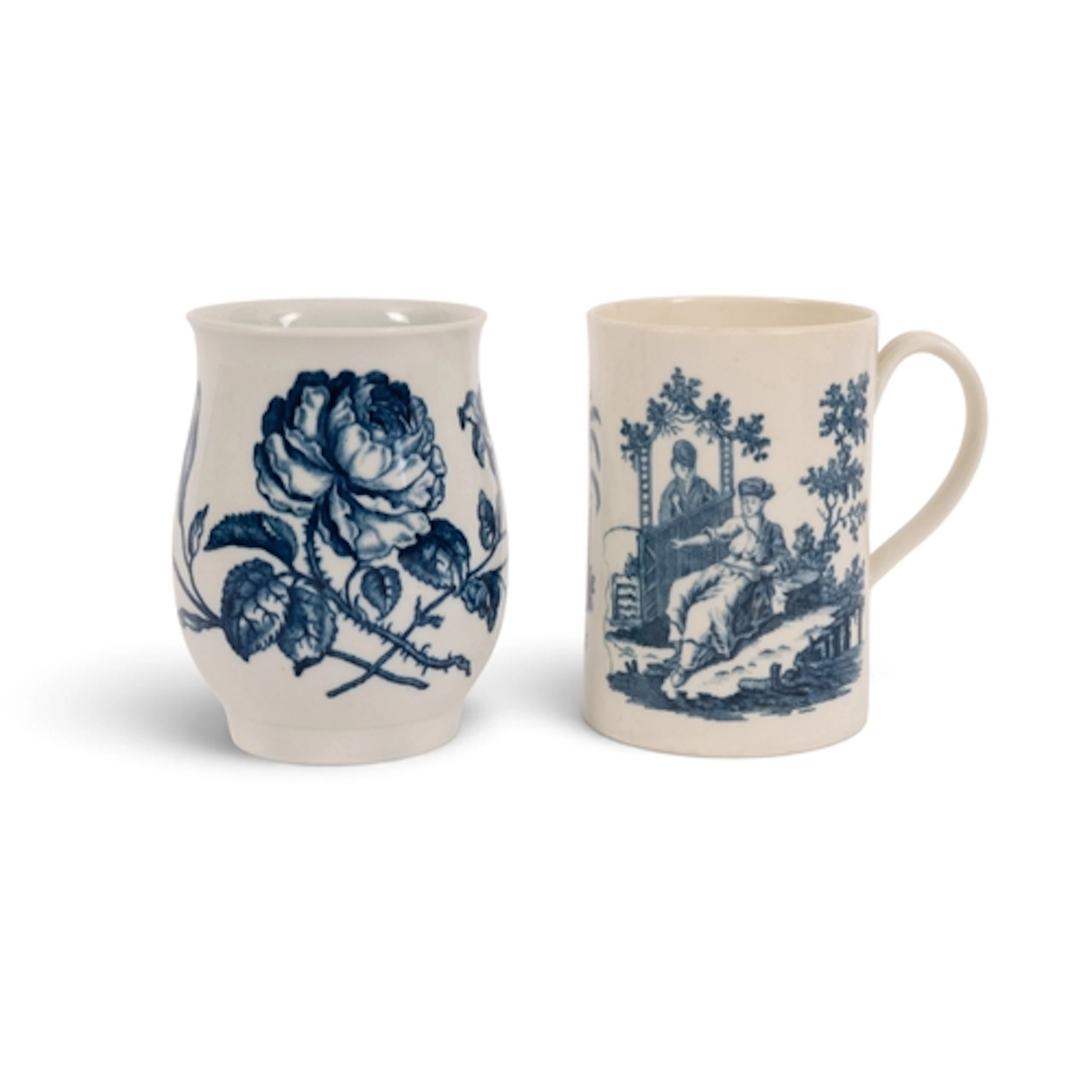 Two English porcelain blue and white mugs, c.1768-70, one Ca...
