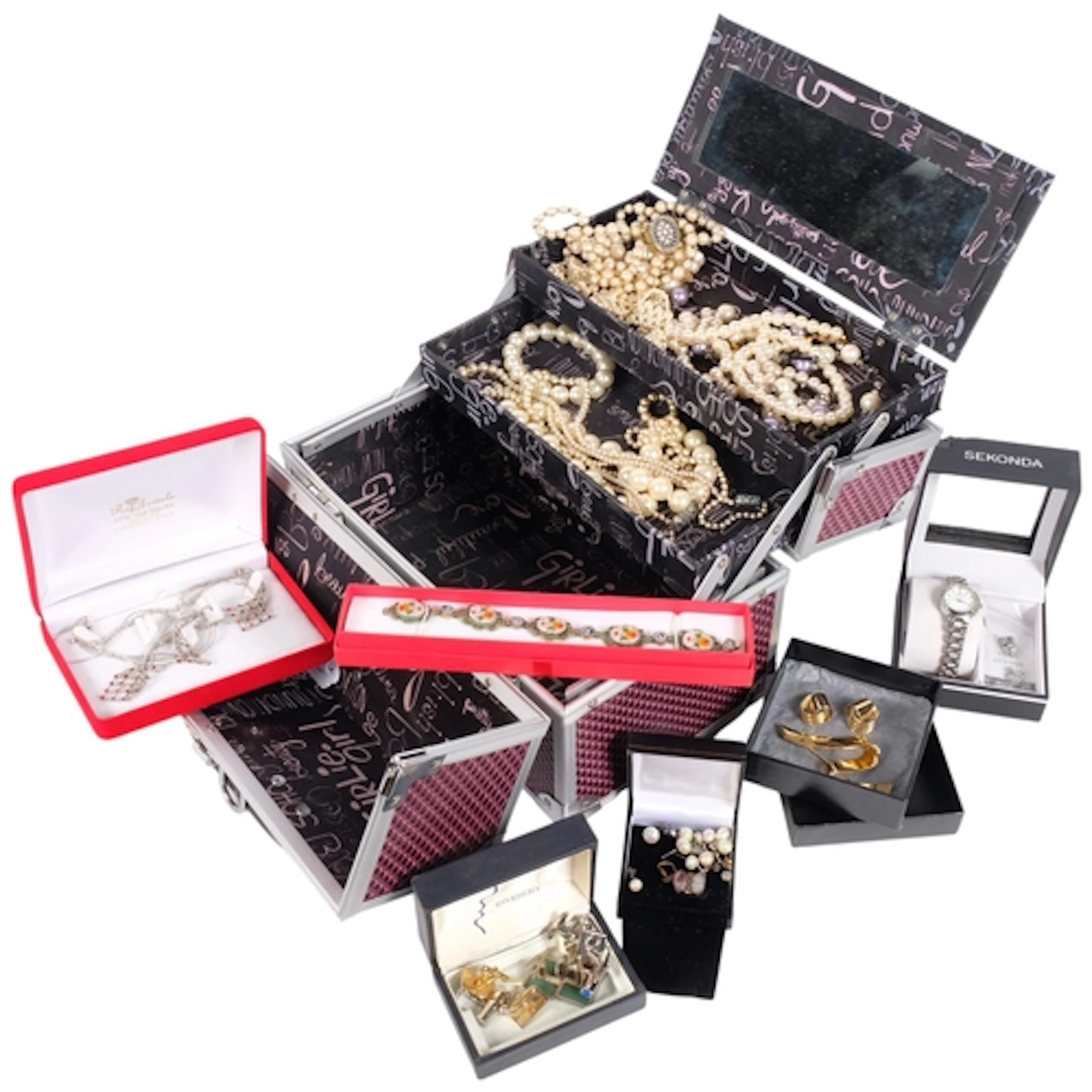 A cantilever jewellery case, containing pearl necklaces, an ...
