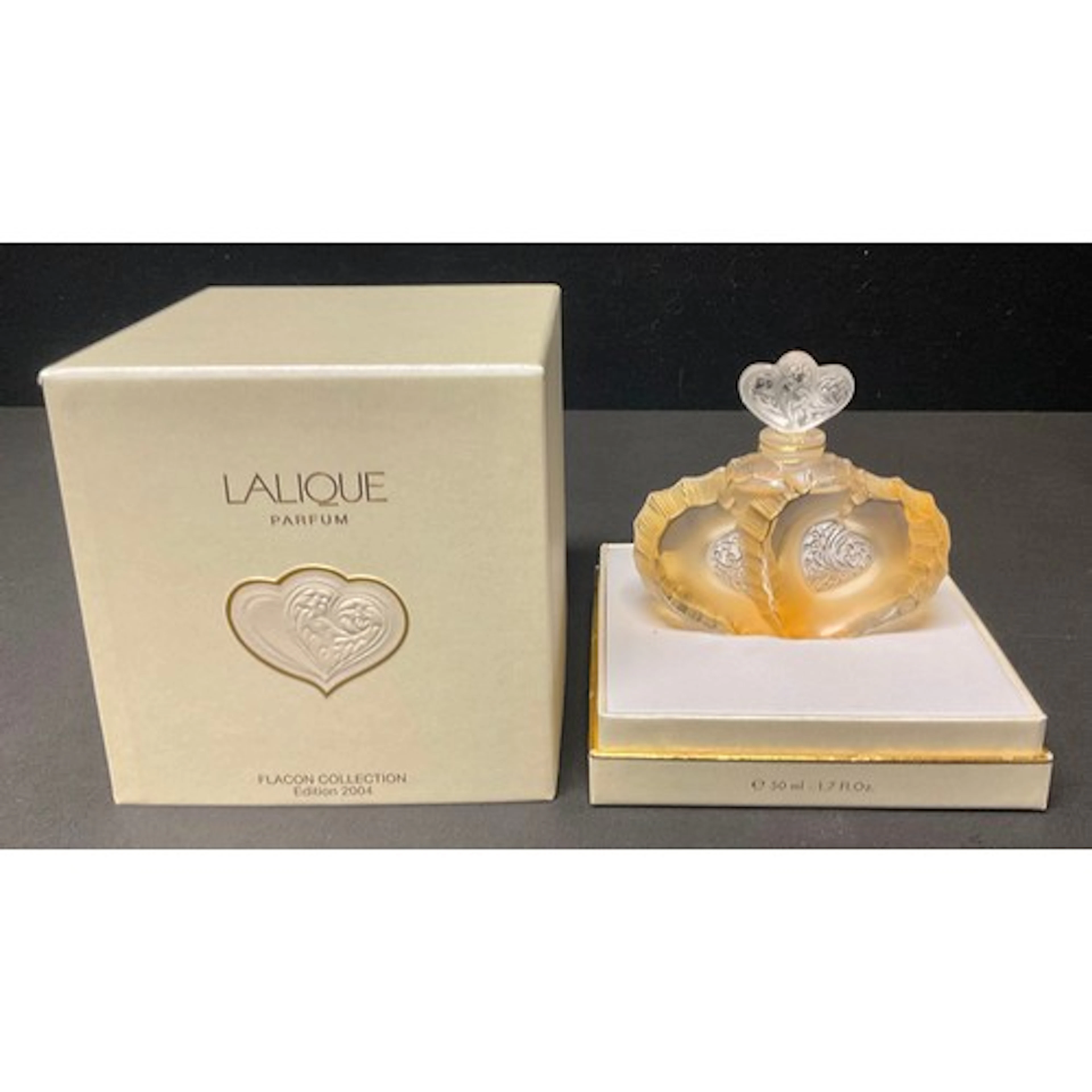 A modern Lalique double heart shaped glass scent bottle, wit...