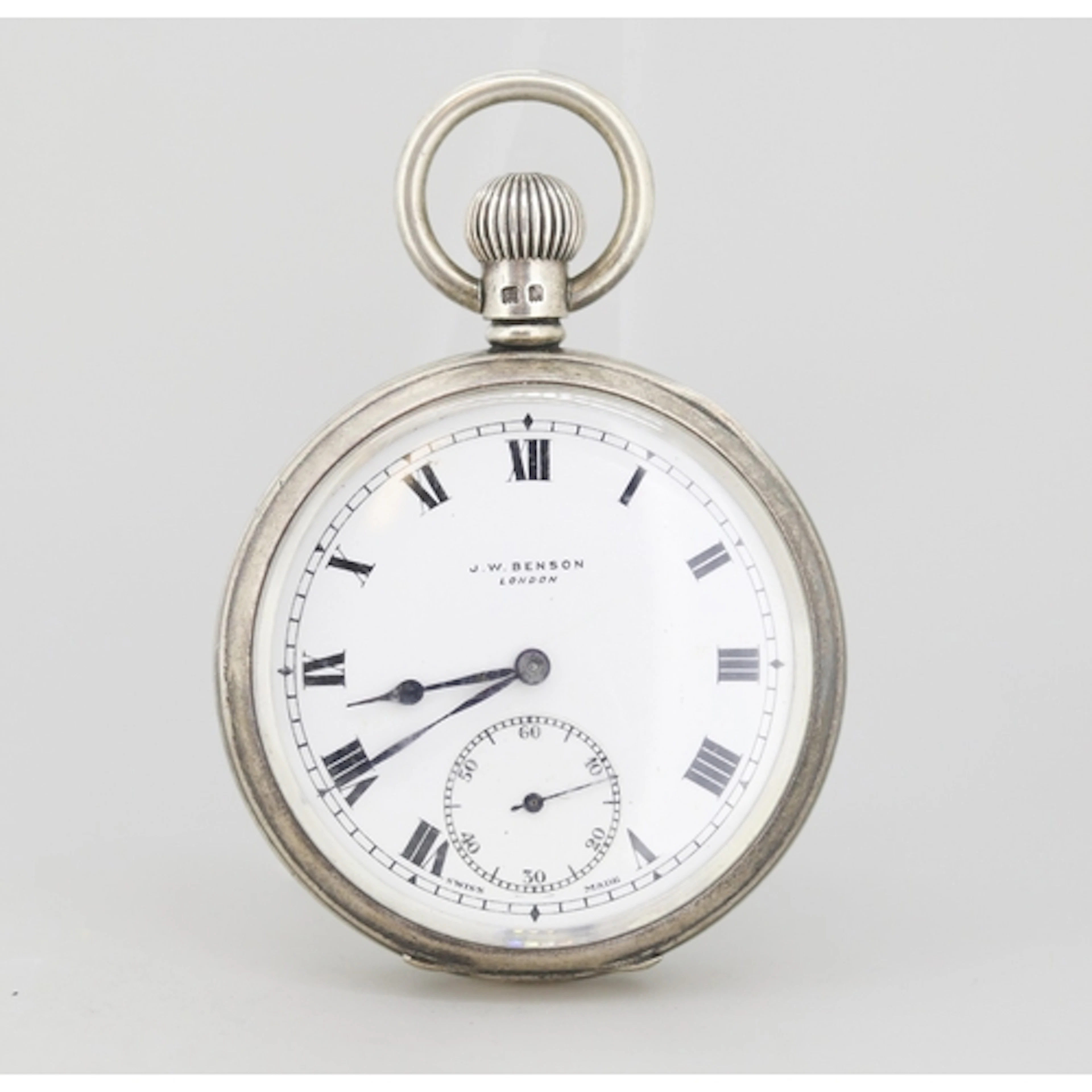 Silver Cased J.W. Benson London Swiss Made Pocket Watch Roma...