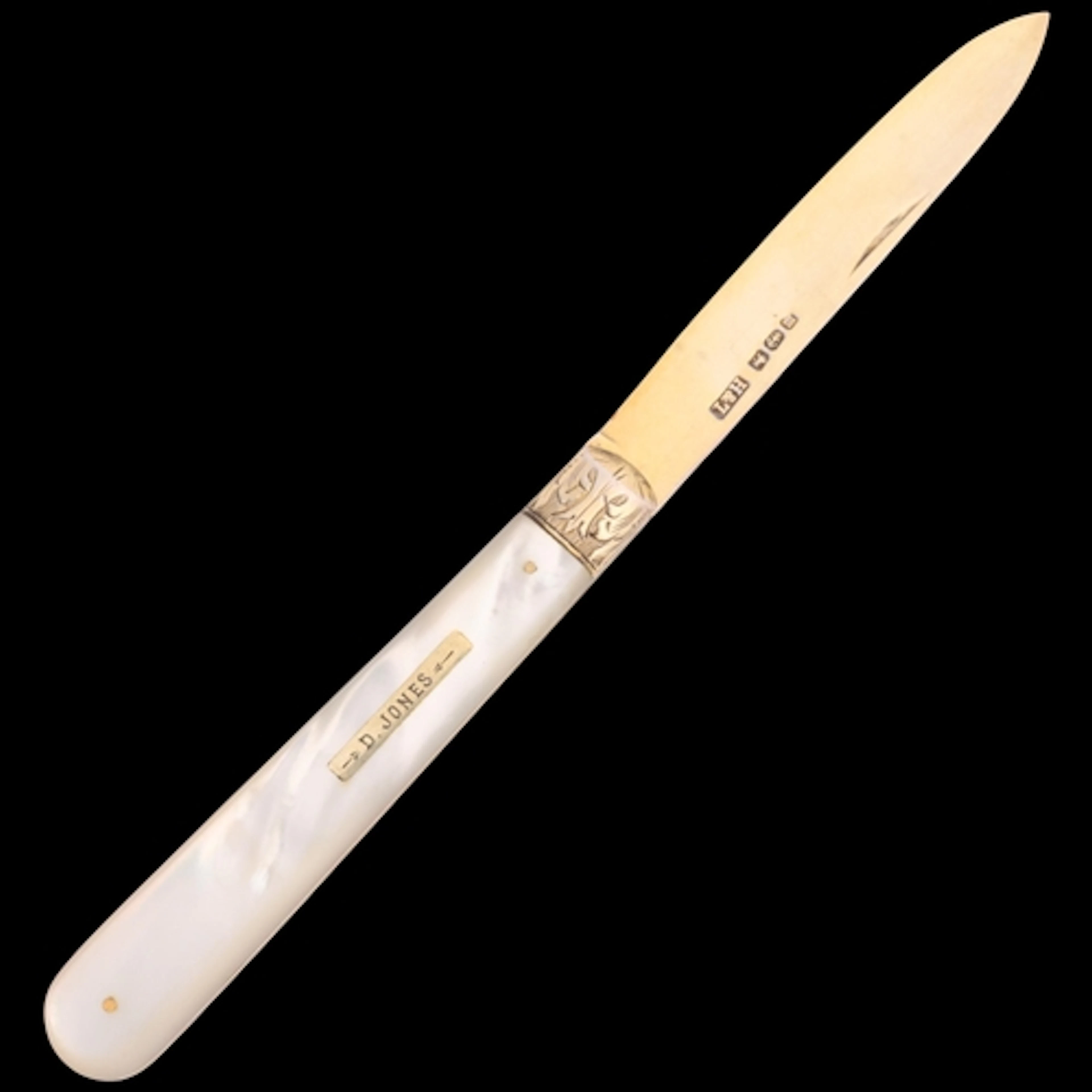 A Victorian silver-gilt mother-of-pearl fruit knife, Hilliar...