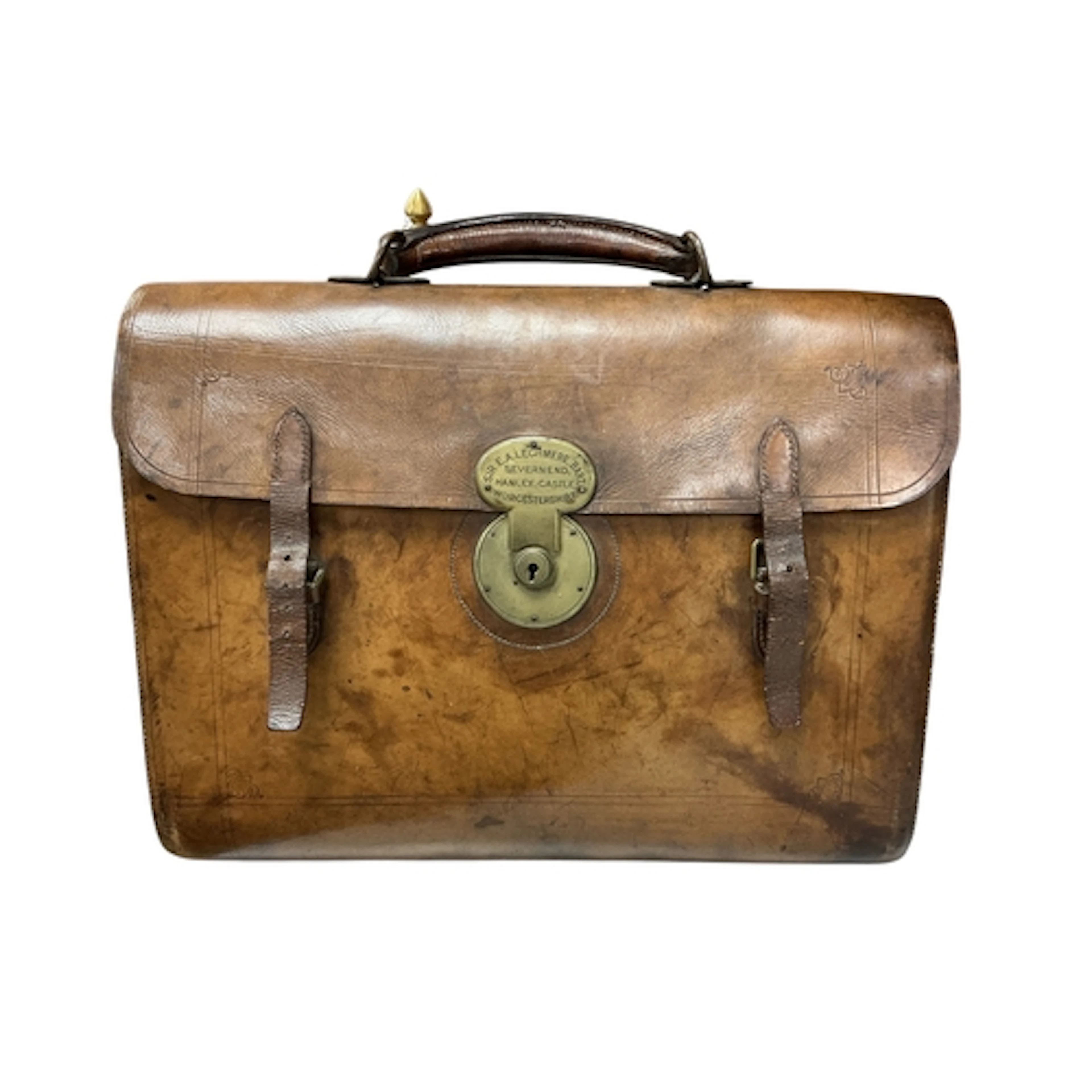 A Victorian tan leather satchel, the brass lock marked 'Sir ...