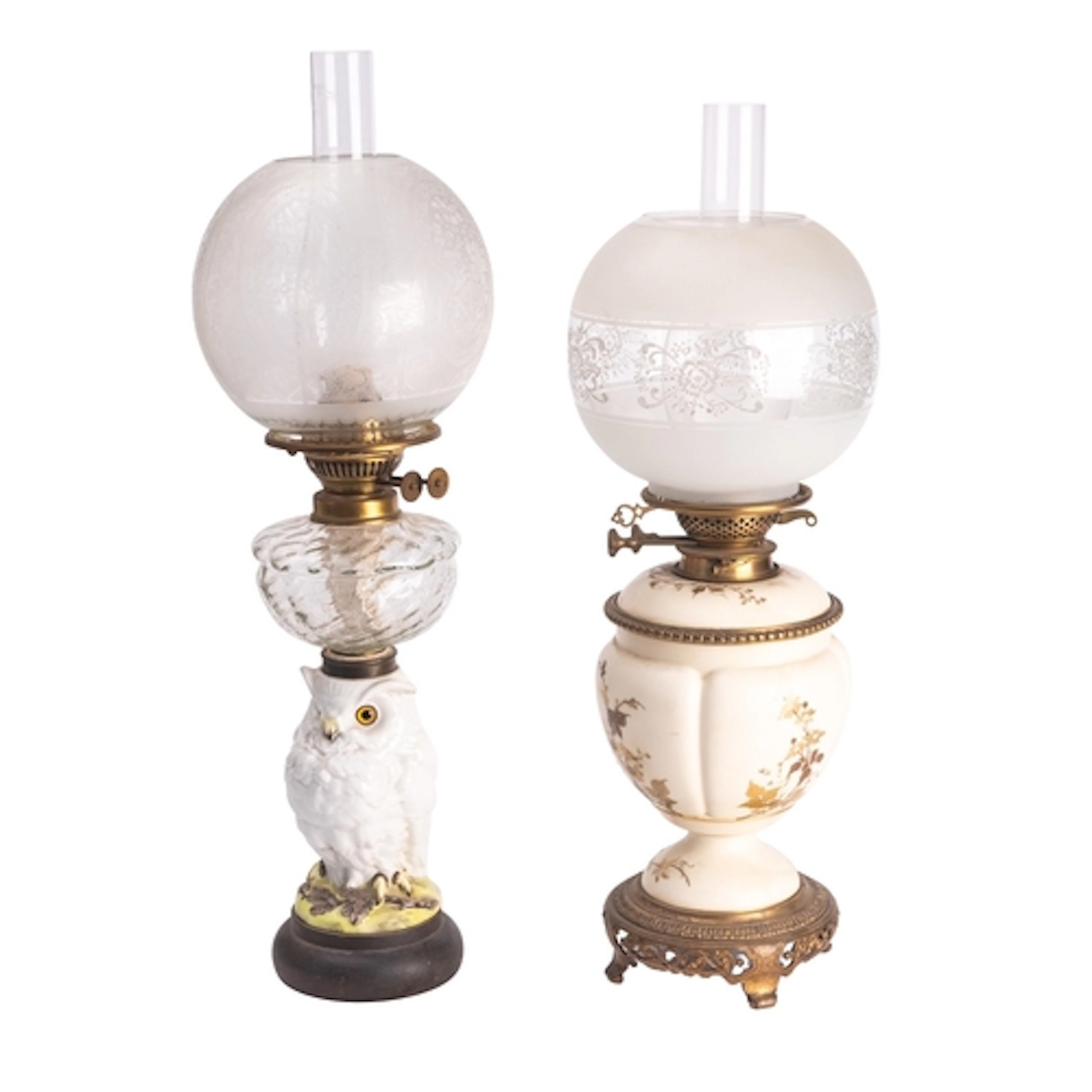 A French porcelain table oil lamp, the stem in the form of a...