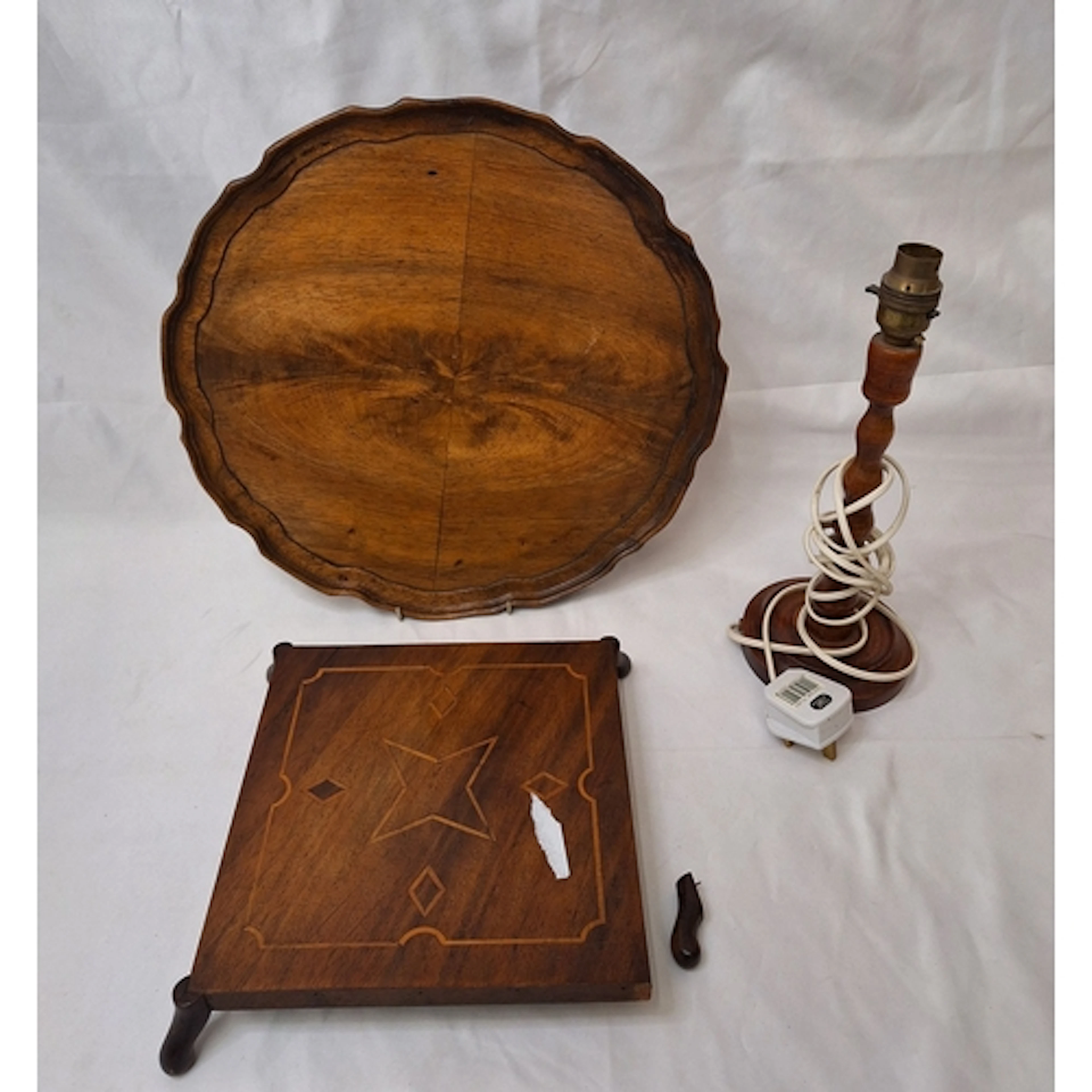 Vintage Turned Wooden Lamp approx. 31cm H, inlaid wooden tri...