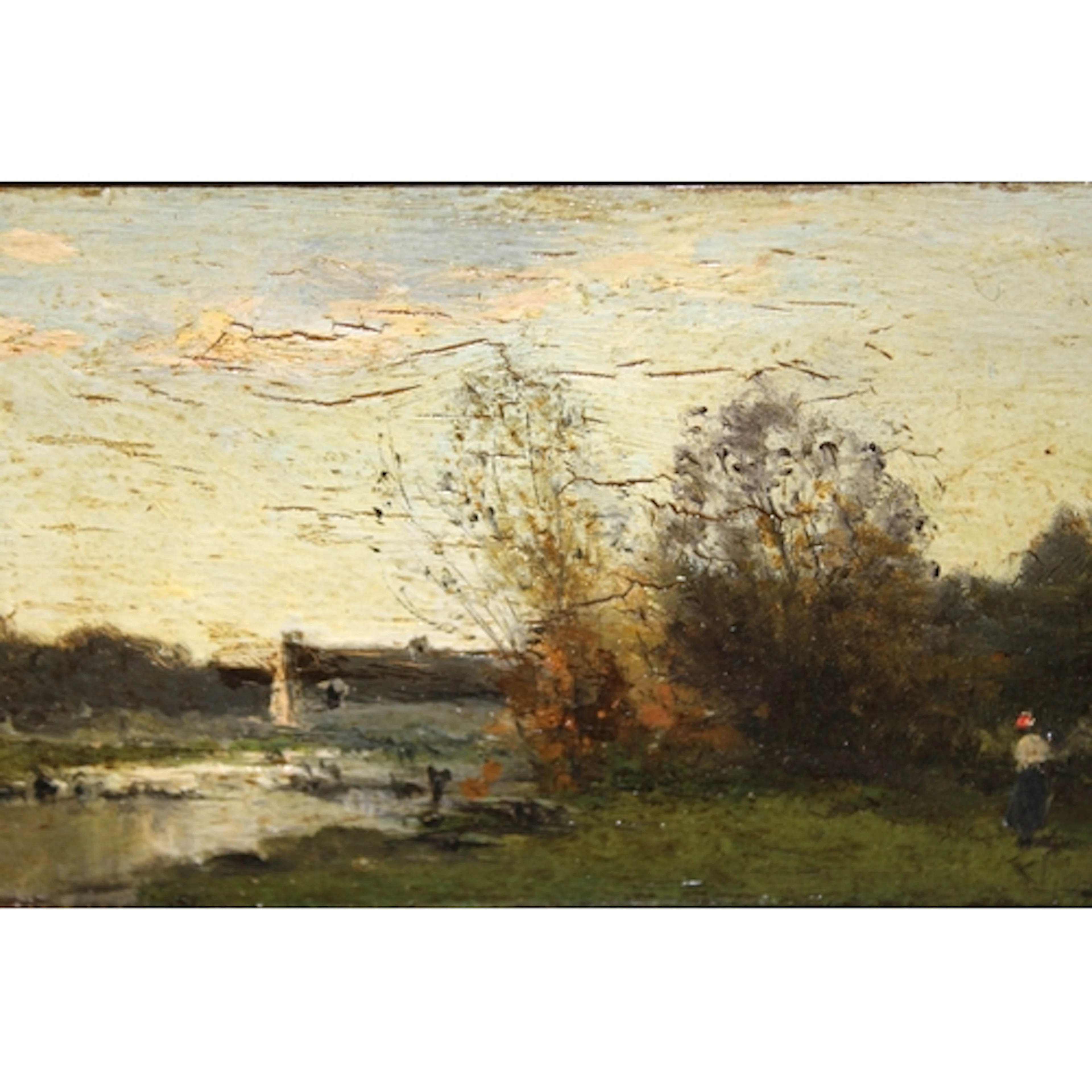 Barbizon School, oil on oak panel, figure in a river landsca...
