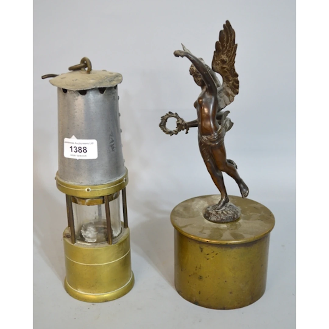 Brass and steel miner's safety lamp, together with a small b...