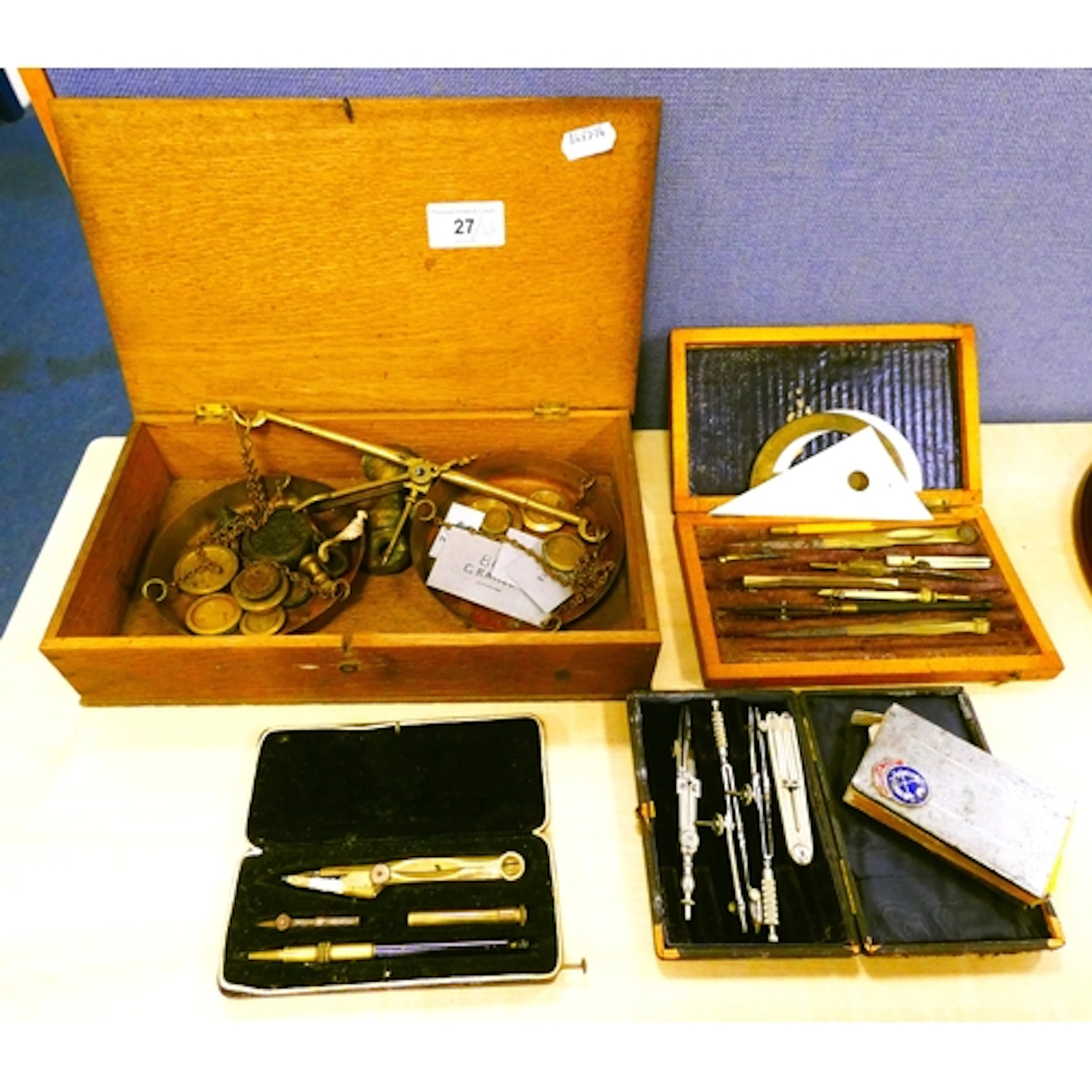 Group of instruments to include boxed drawing instruments, s...