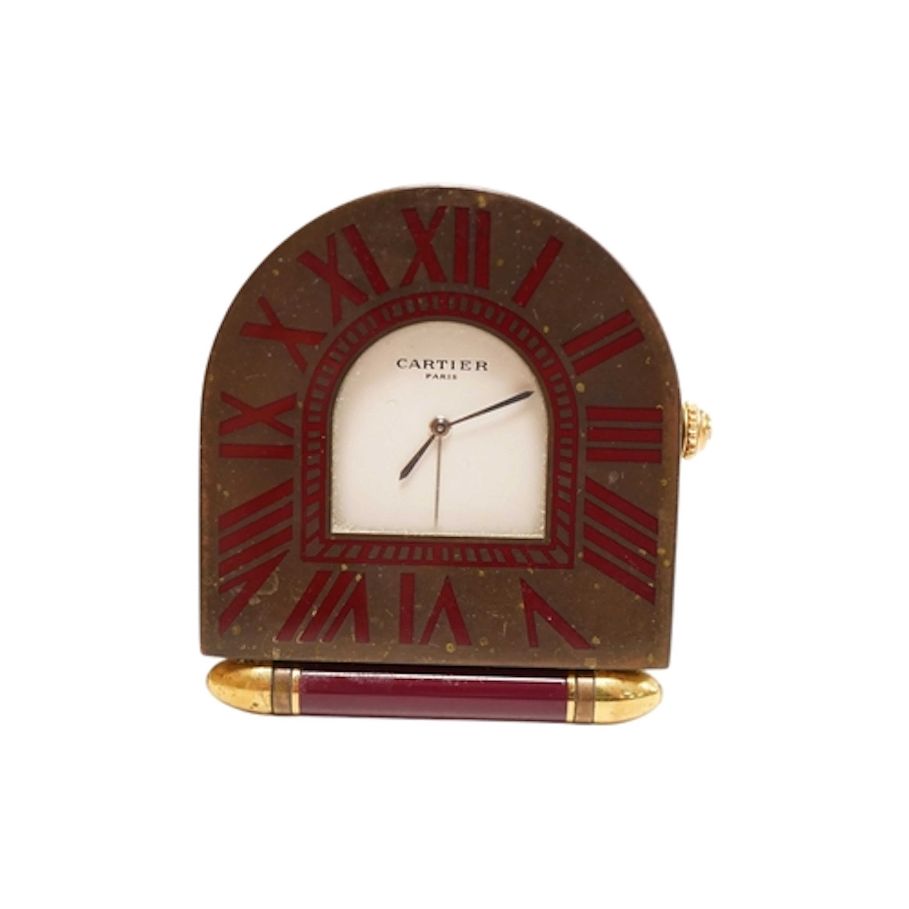 A Cartier brass arched desk clock, 357202729, 6cm high...