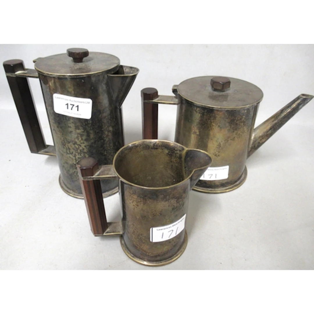 Unusual trench art three piece plated tea service of cylindr...