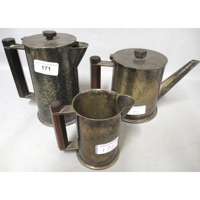 Unusual trench art three piece plated tea service of cylindr...