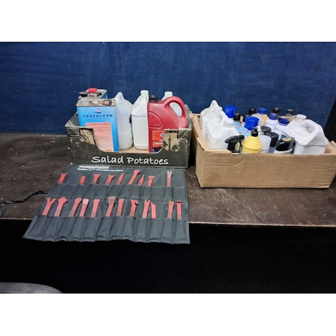 TWO TRAYS CONTAINING VEHICLE DETAILING CONSUMABLES, includin...