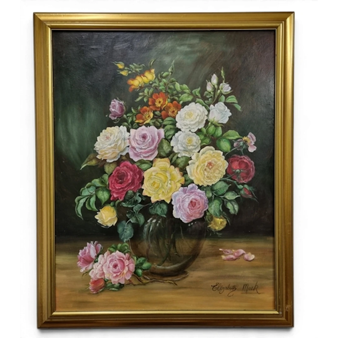 Elisabeth Meek. A 20th Century Oil on Board still life of ro...