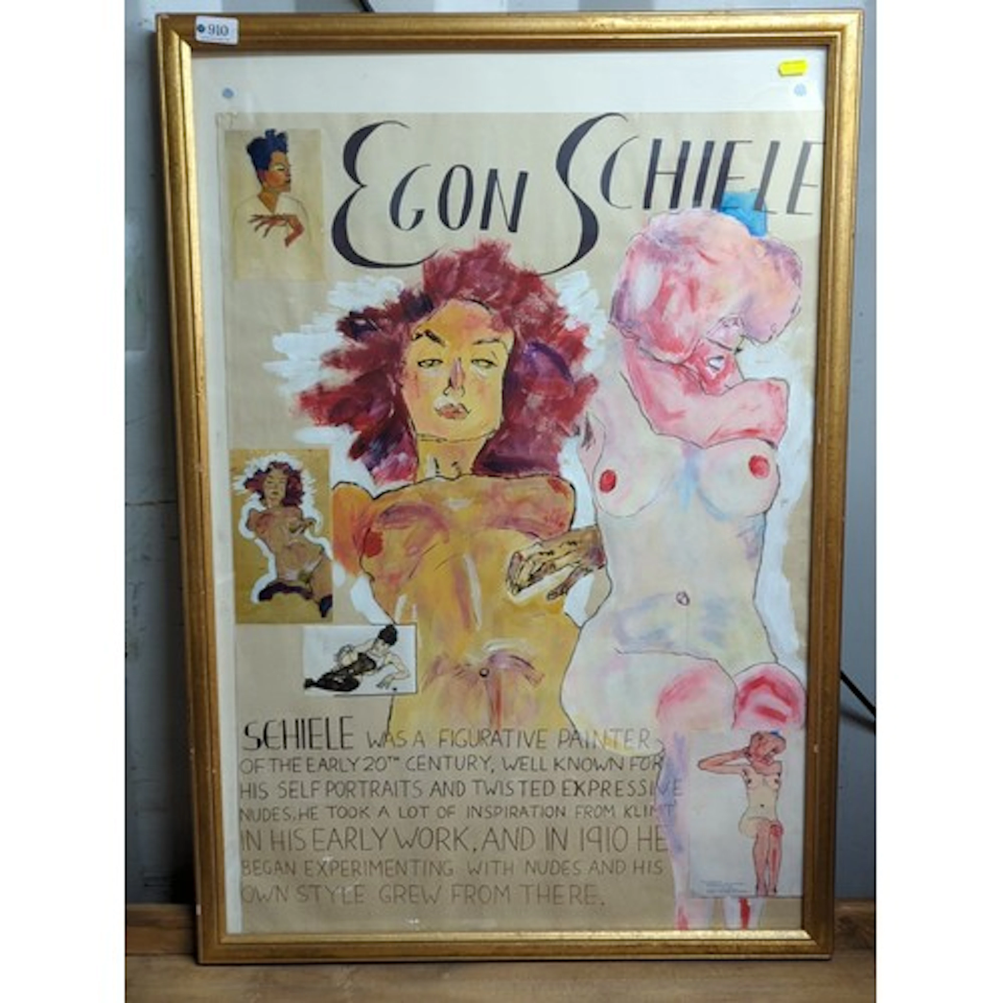 Framed mixed-media poster or collage after Egon Schiele, inc...