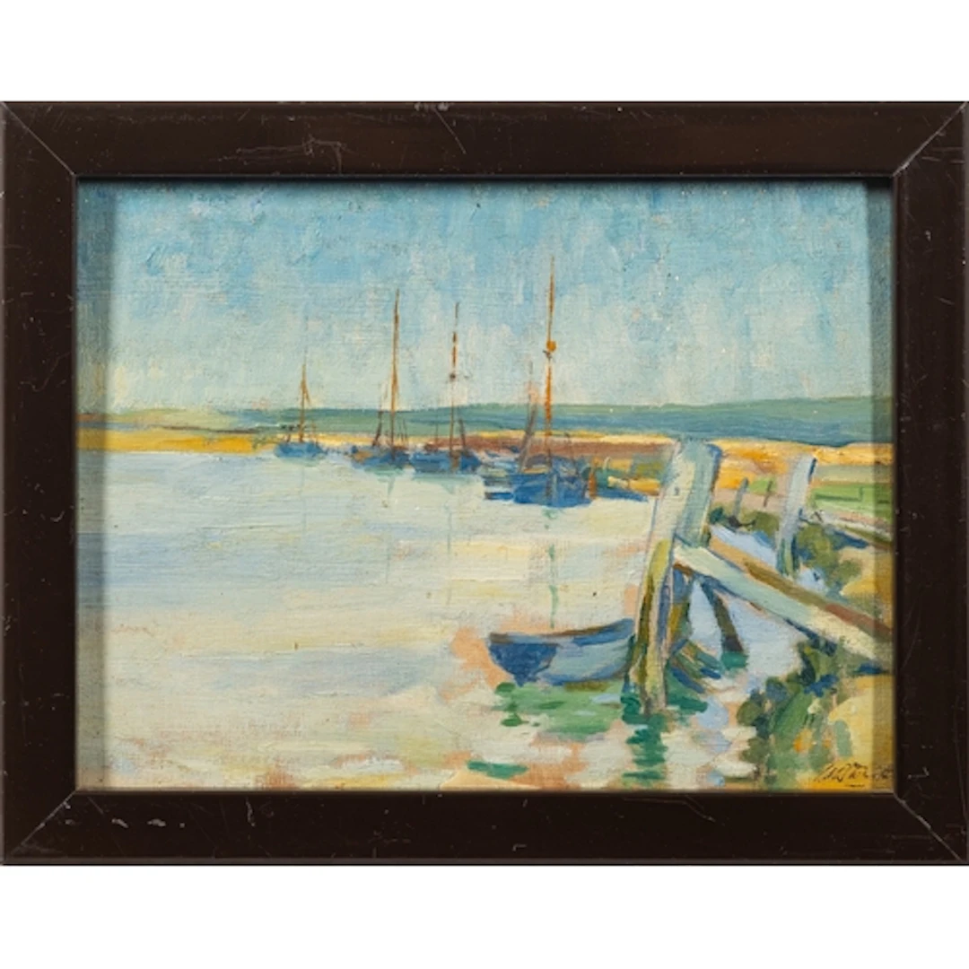 White (?) 20th Century school - Boats moored in a bay - Oil...