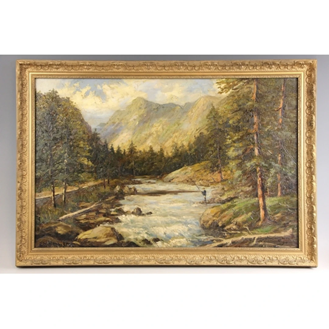 E W Bannister (British, 20th century), A figure fishing in...