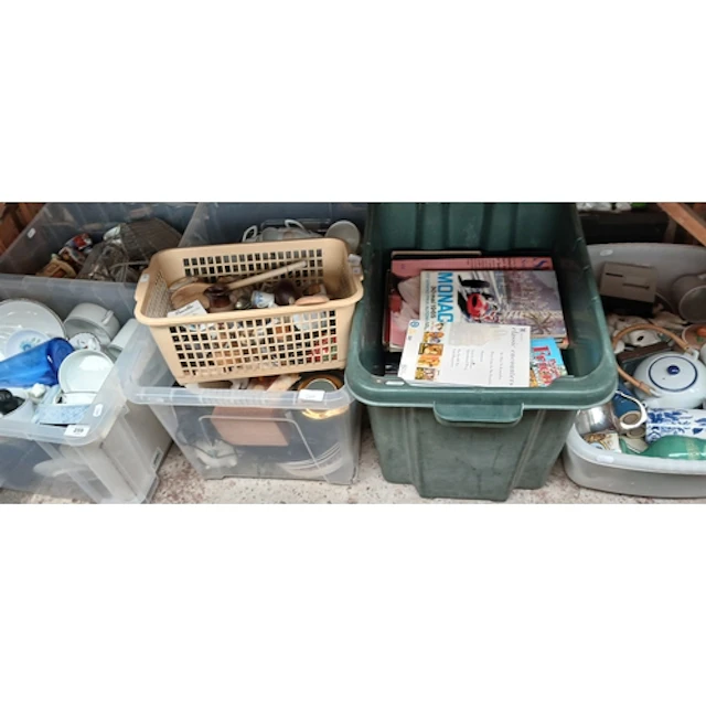 6 boxes of mixed items to include ceramics, glass, metal war...