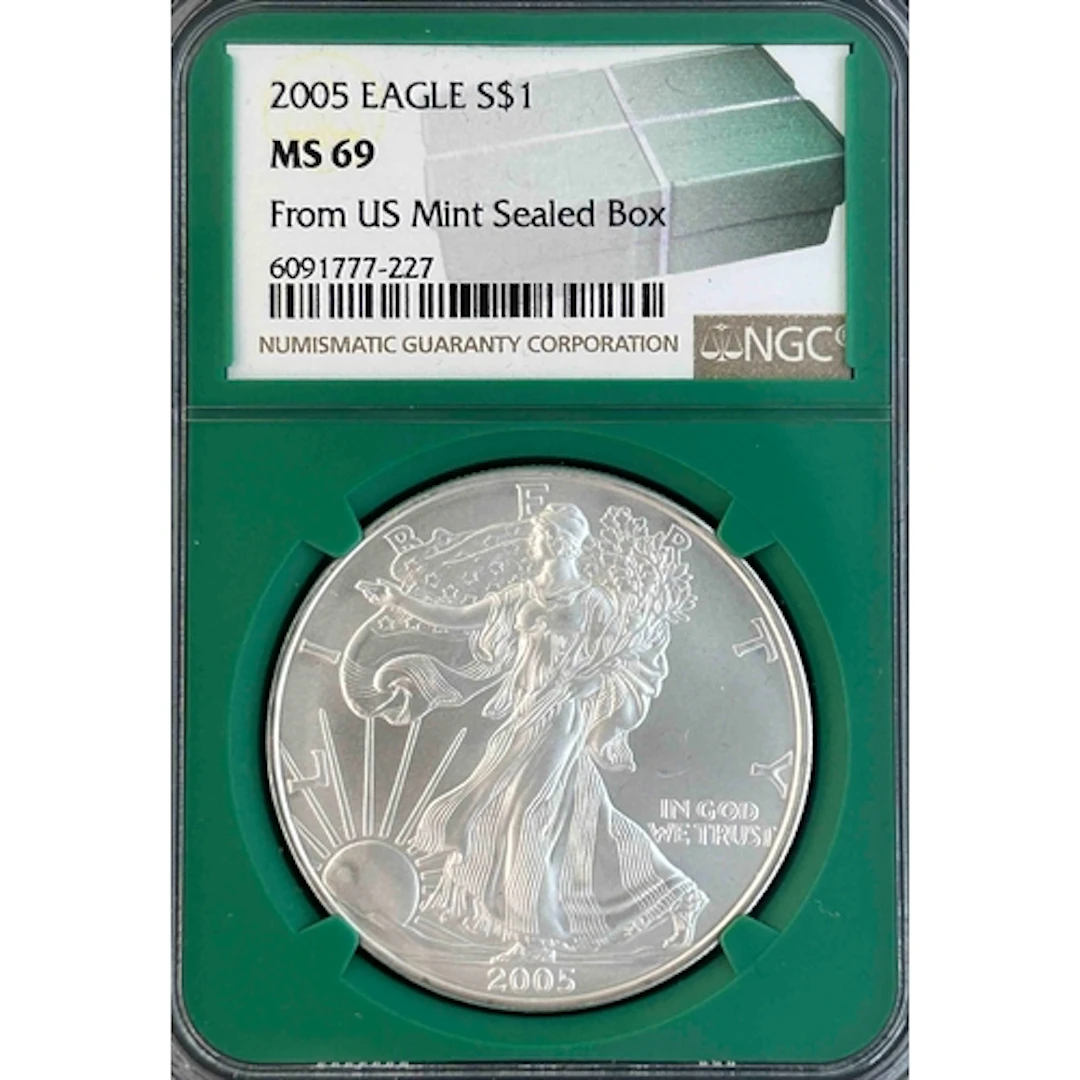 2005 USA $1 silver Eagle, from US Mint sealed box, slabbed a...