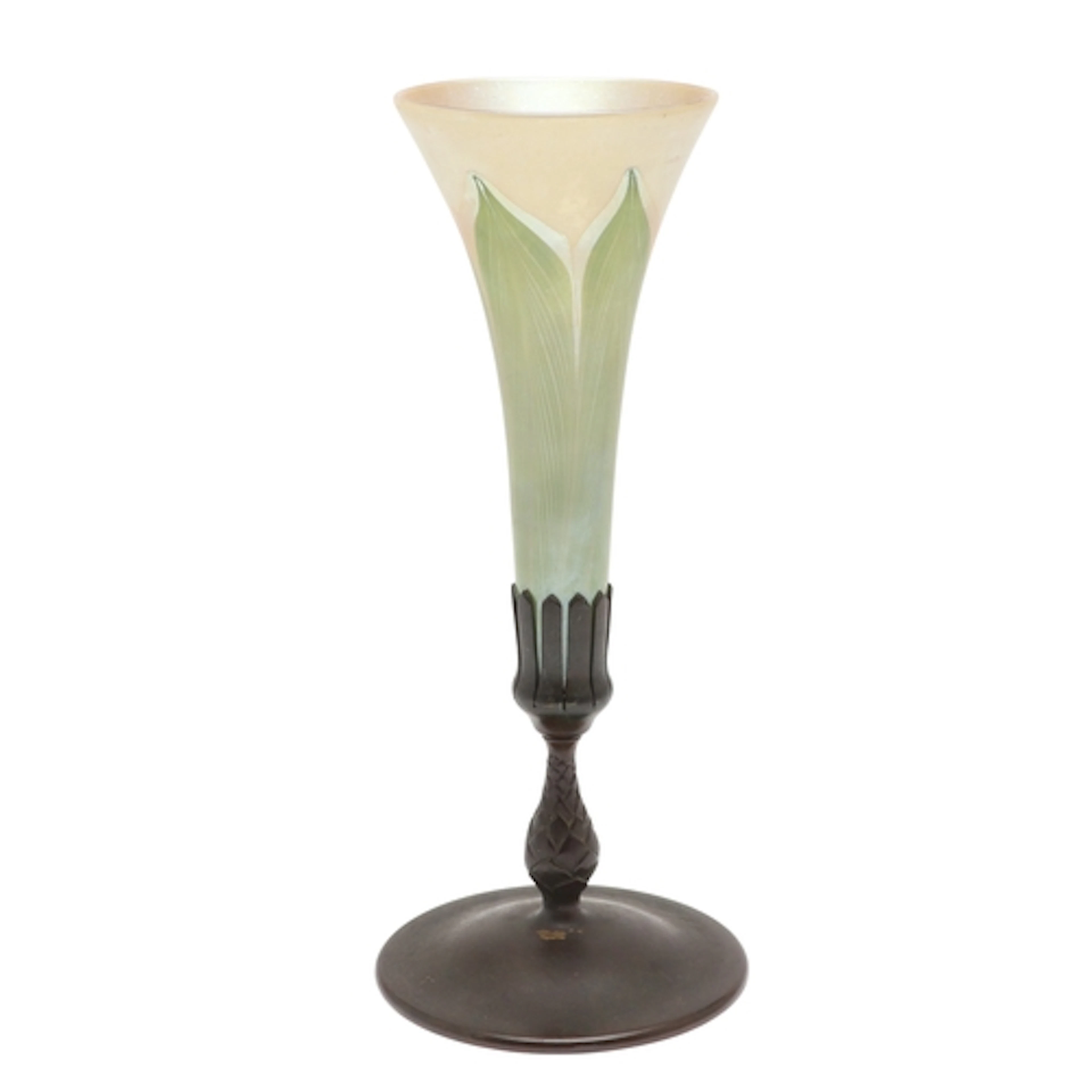 TIFFANY OF NEW YORK - BRONZE & FAVRILE GLASS TRUMPET VASE. W...