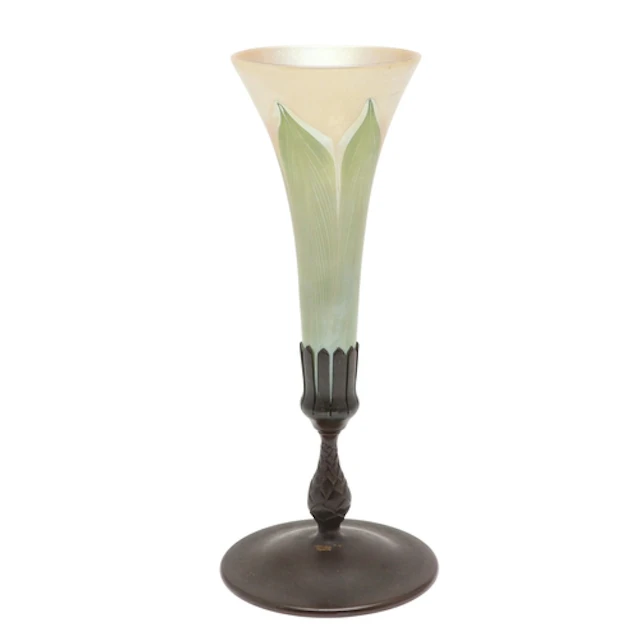 TIFFANY OF NEW YORK - BRONZE & FAVRILE GLASS TRUMPET VASE. W...