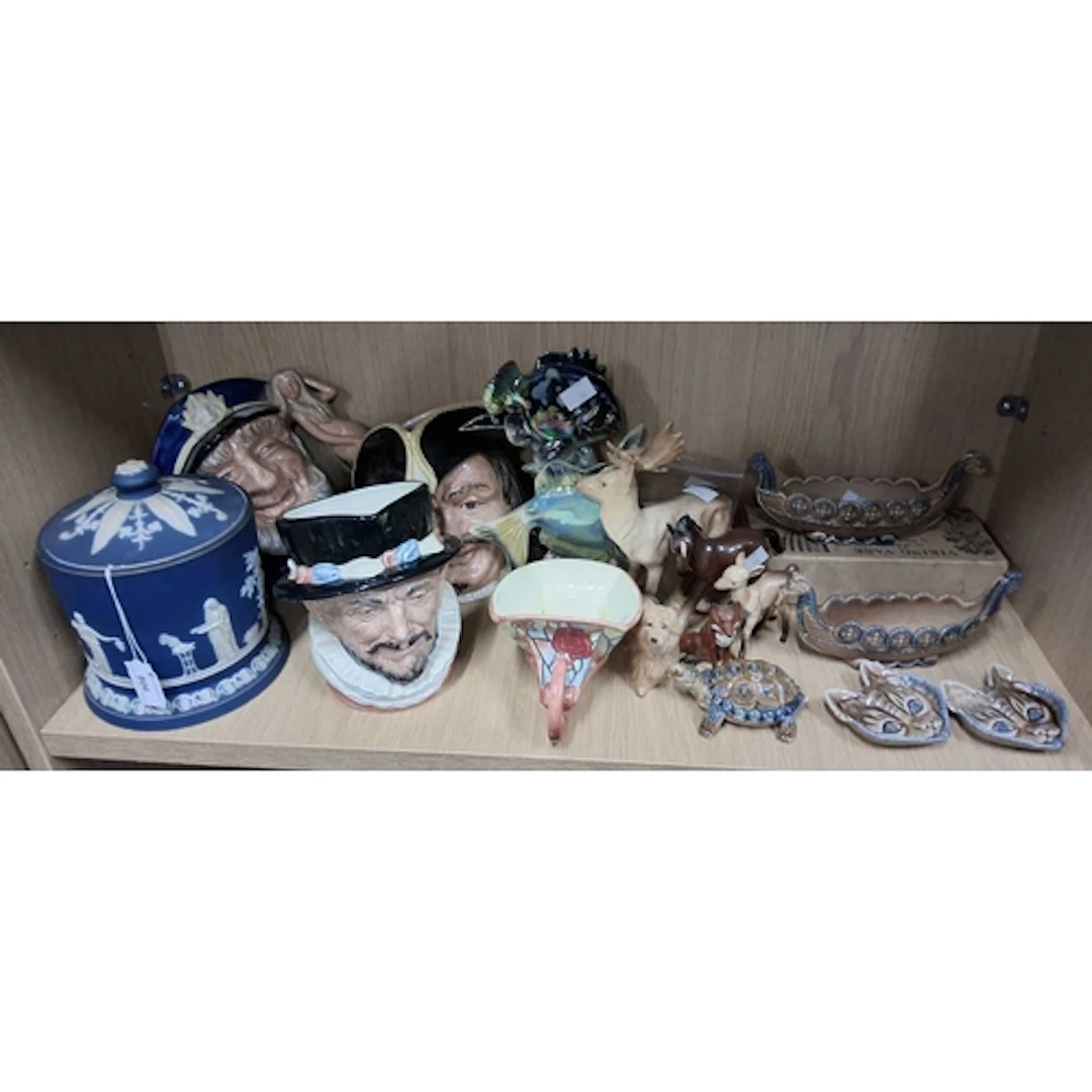 A GROUP OF CERAMICS, to include an Adams blue-dipped jasperw...