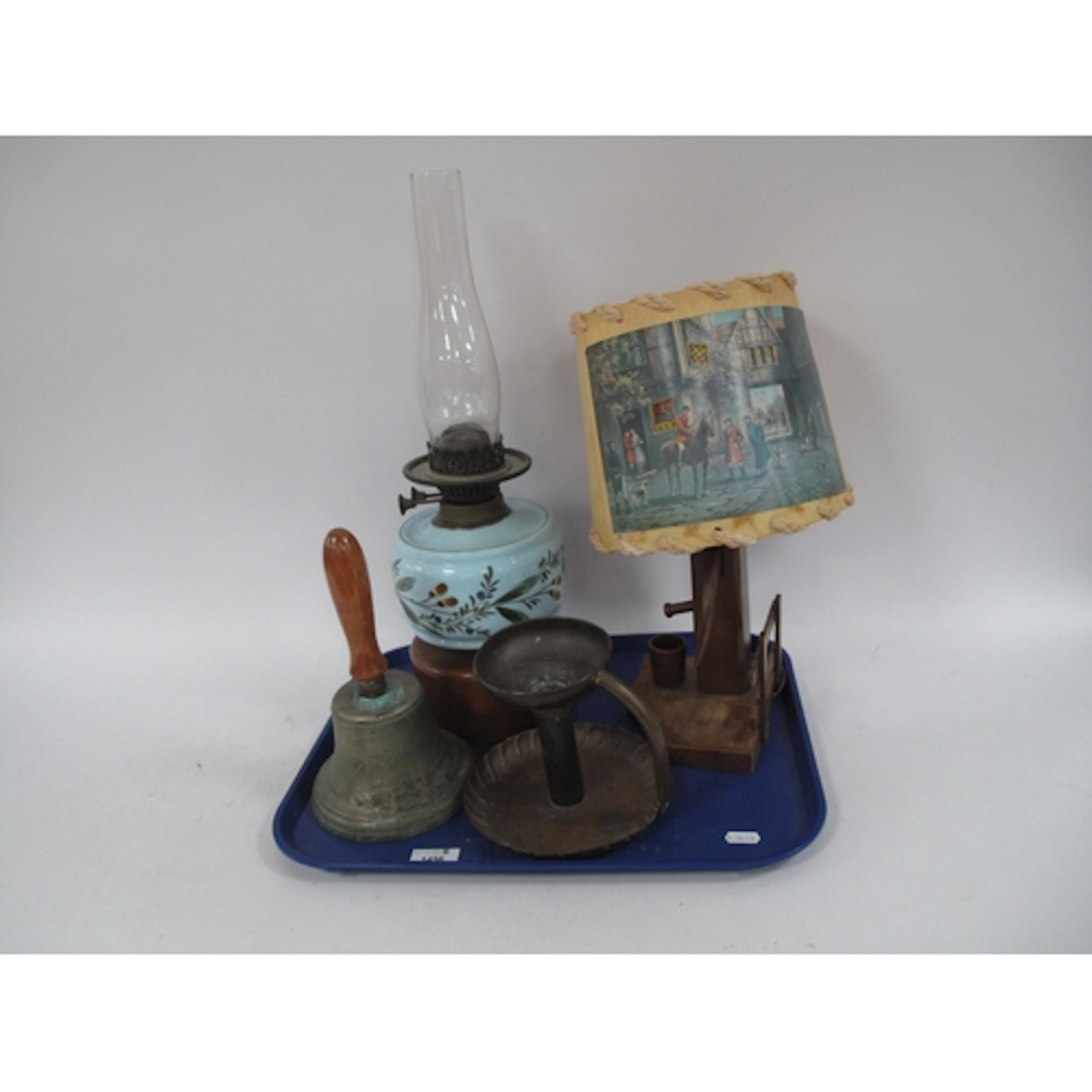 Copper Chamberstick, brass hand bell, novelty wooden table l...