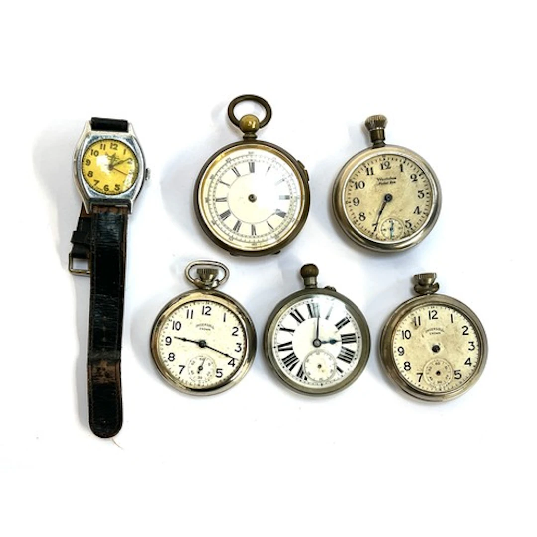 Five antique fob watches (af), to include Westelox, Ingersol...