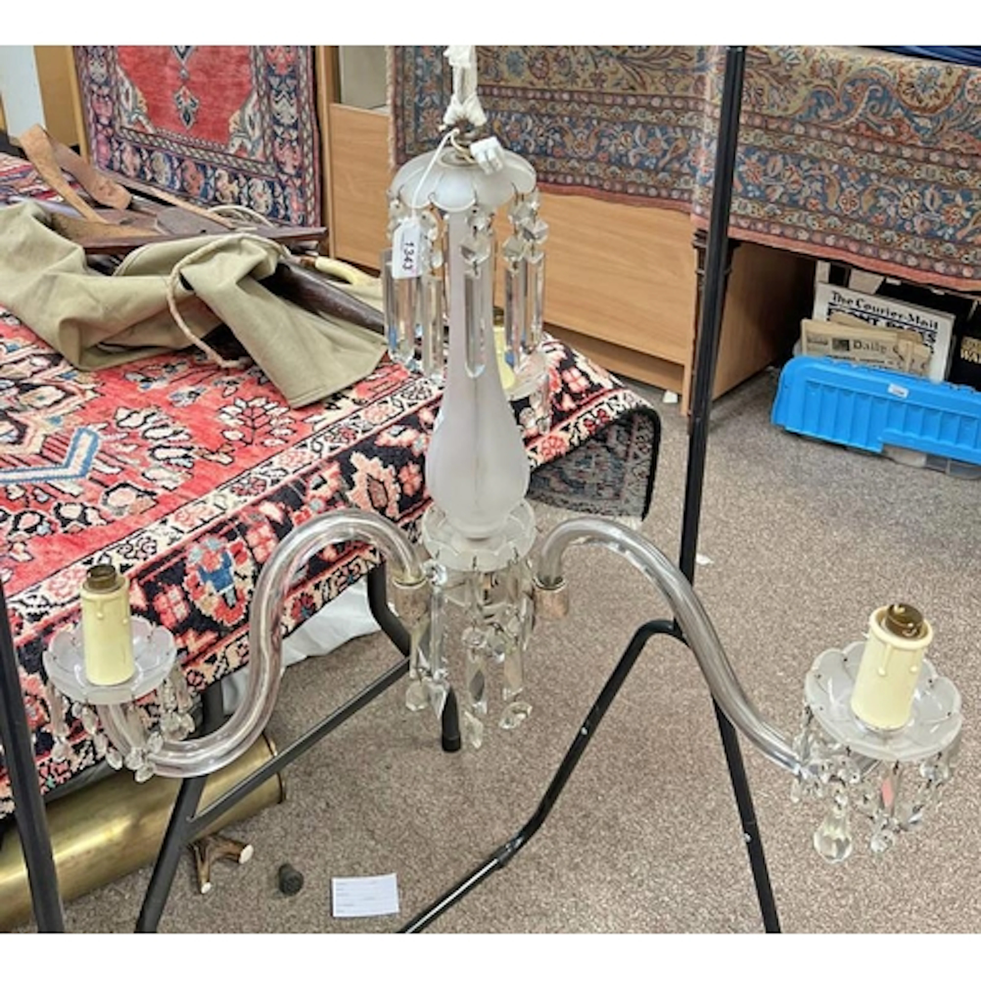 THREE BRANCH GLASS AND METAL CHANDELIER - BELIEVED TO HAVE C...