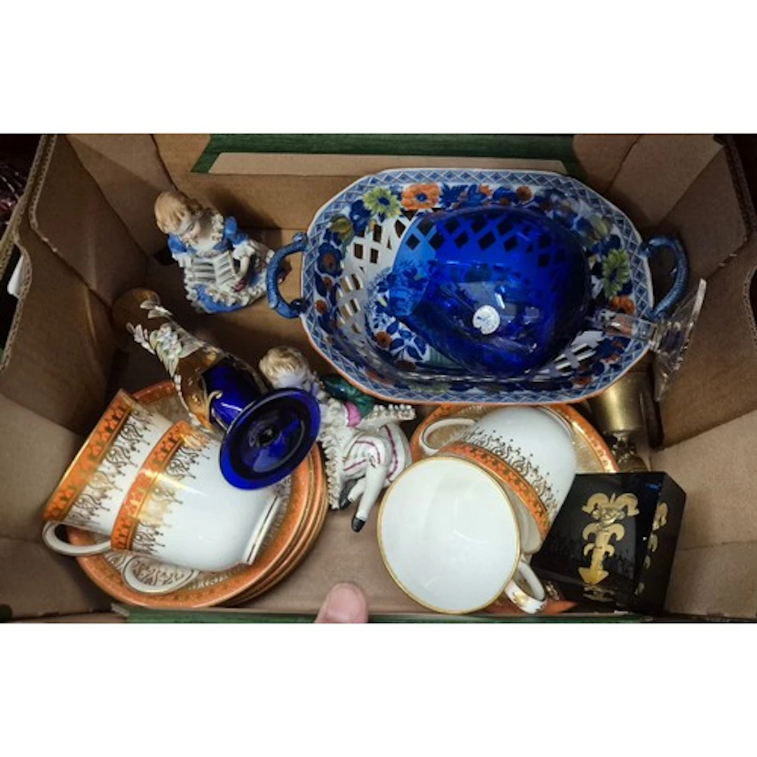 A box of mixed ceramics to include continental figures, tea ...