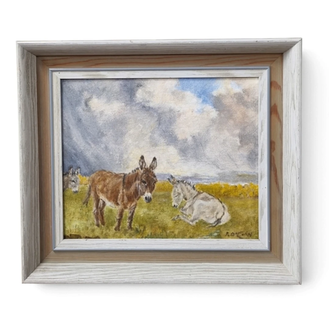 A 20th Century Oil on Board of three donkeys. Indistinctly s...
