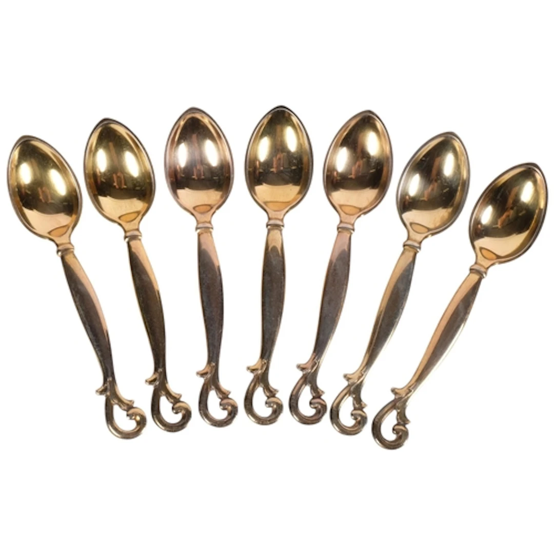 A set of 7 Danish silver gilded coffee spoons, 1938, 51.4g