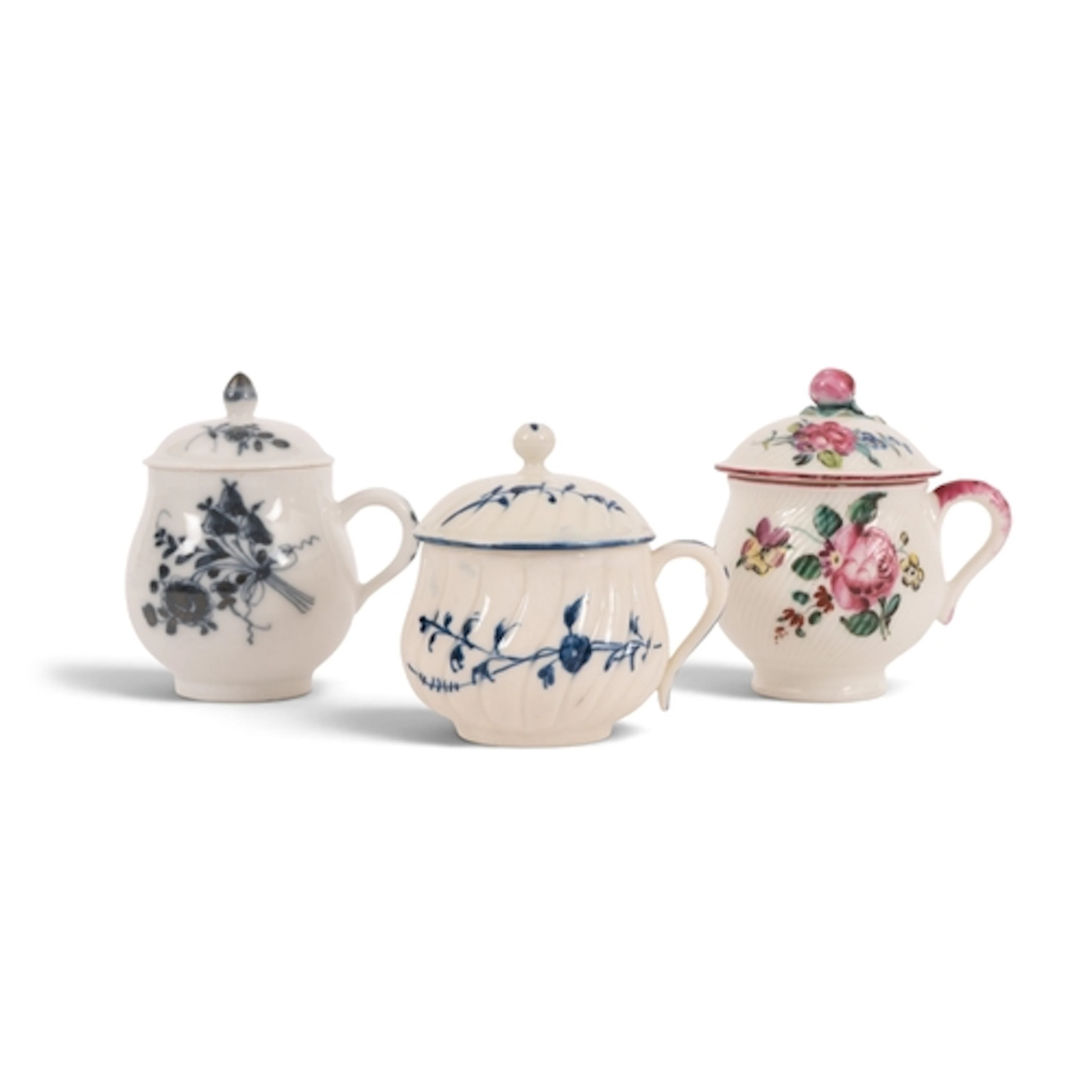 Three Continental porcelain custard cups (pots à jus) and co...
