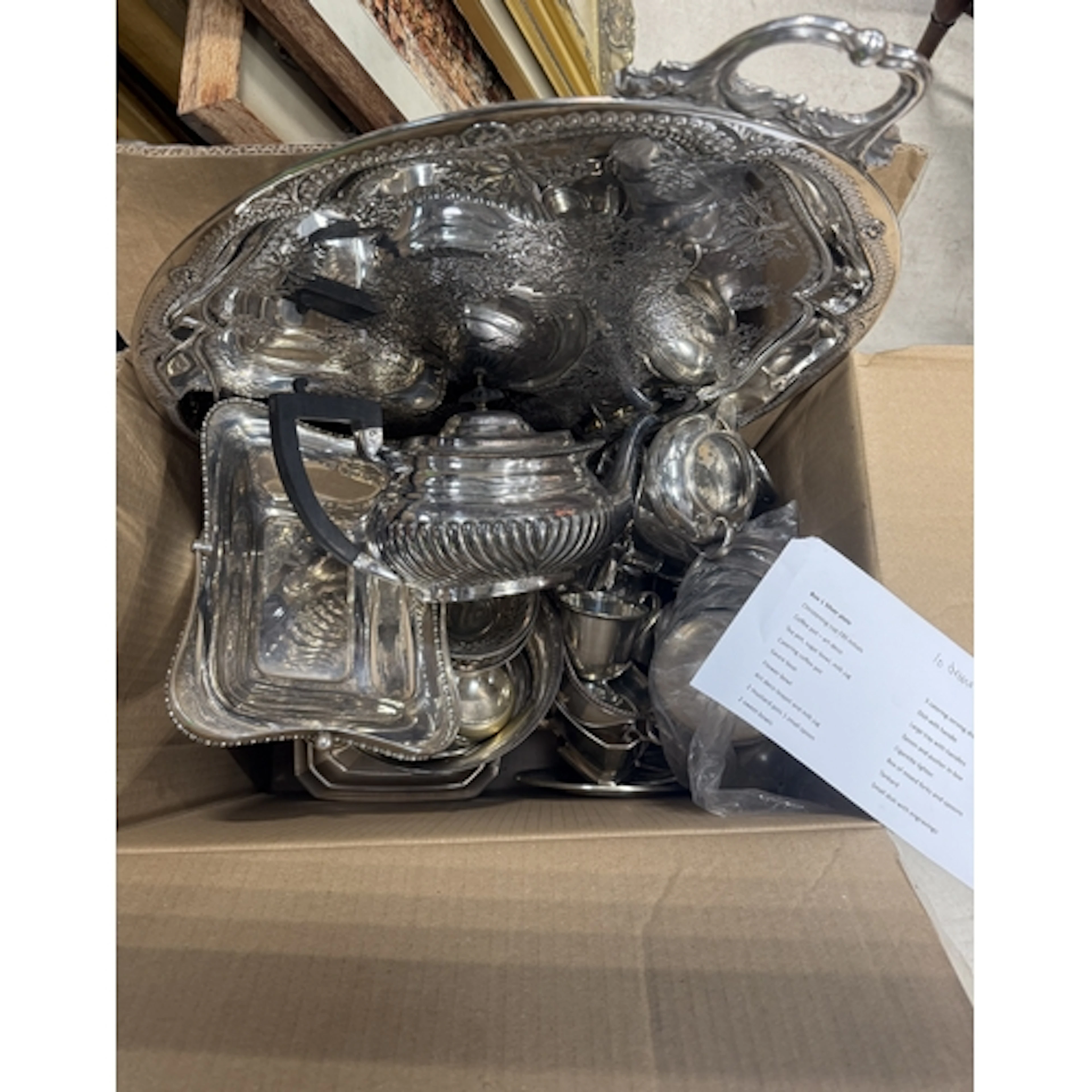 A LARGE GROUP OF ELECTROPLATE TO INCLUDE, TEA POT, TRAY, SAU...