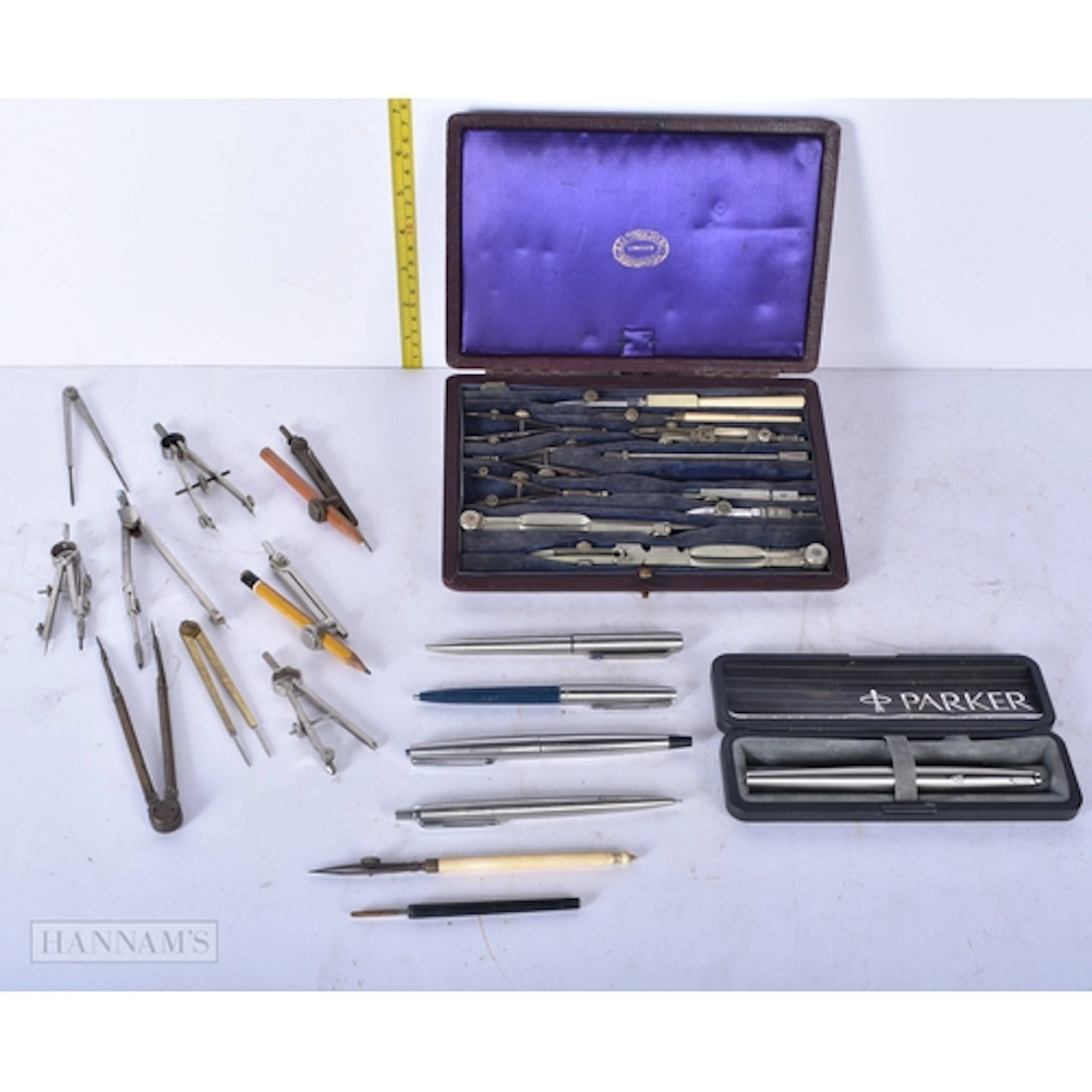 A miscellaneous collection of cased drawing instruments by J...