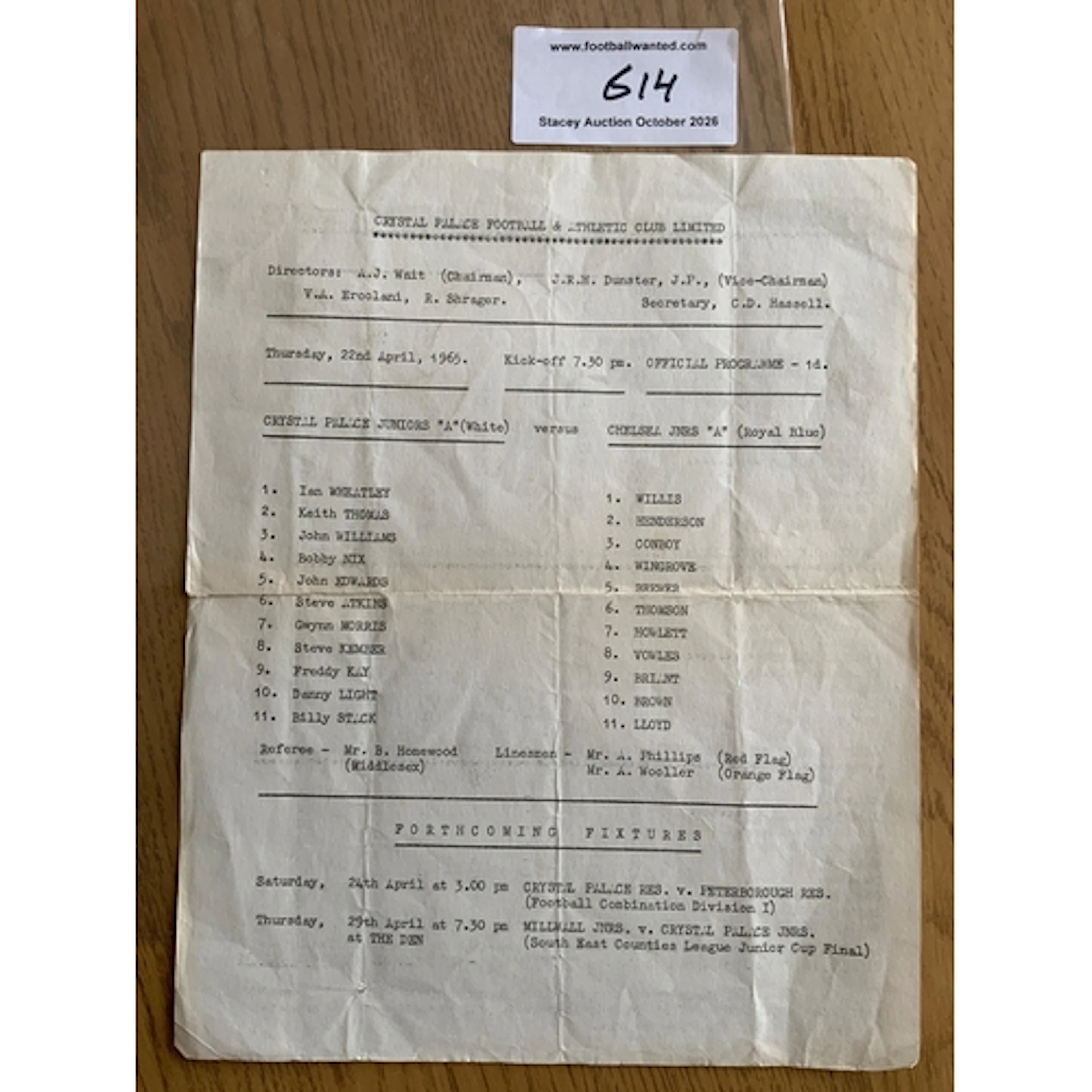 64/65 Crystal Palace Juniors v Chelsea A Football Programme:...