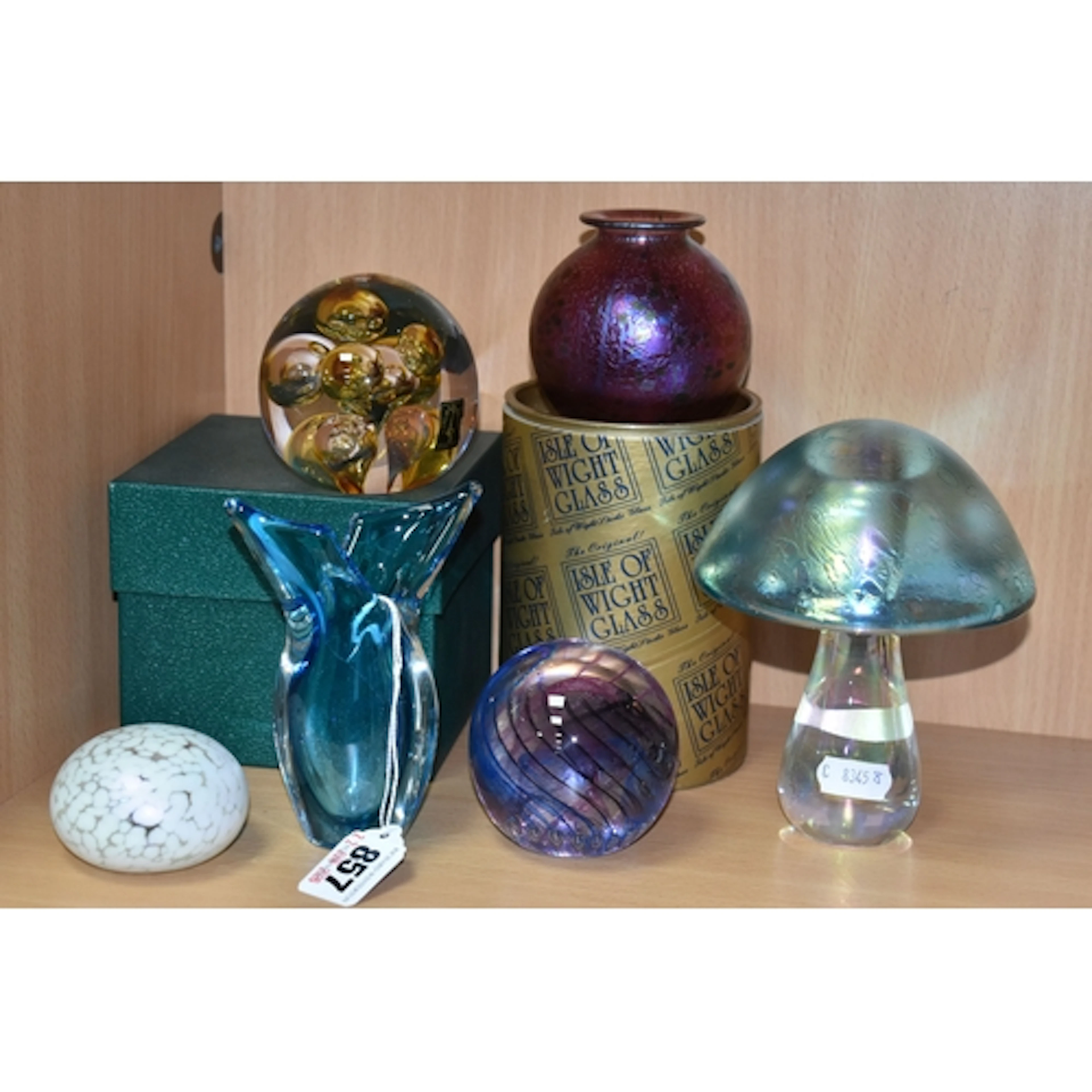 A GROUP OF GLASS WARES, to include a small blue and clear Mu...