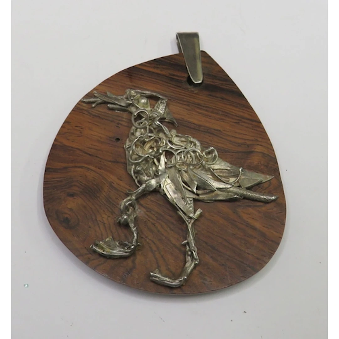 Large Vintage Pendant, teak wood with abstract white metal b...